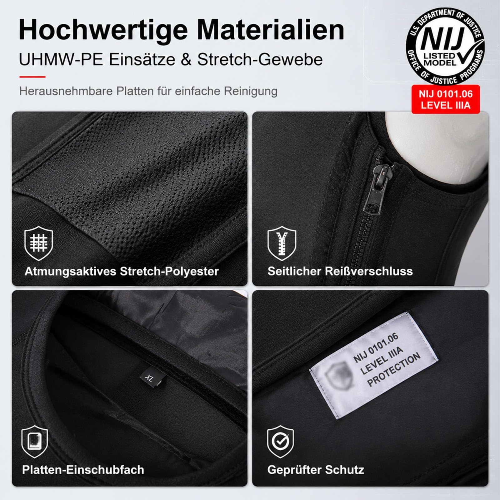 Kugelsichere Weste Level IIIA – Leichtes, Verdecktes Schusssichere Weste mit UHMW-PE Einsätzen, Schutz Vorne & Hinten,Schwarz,XL