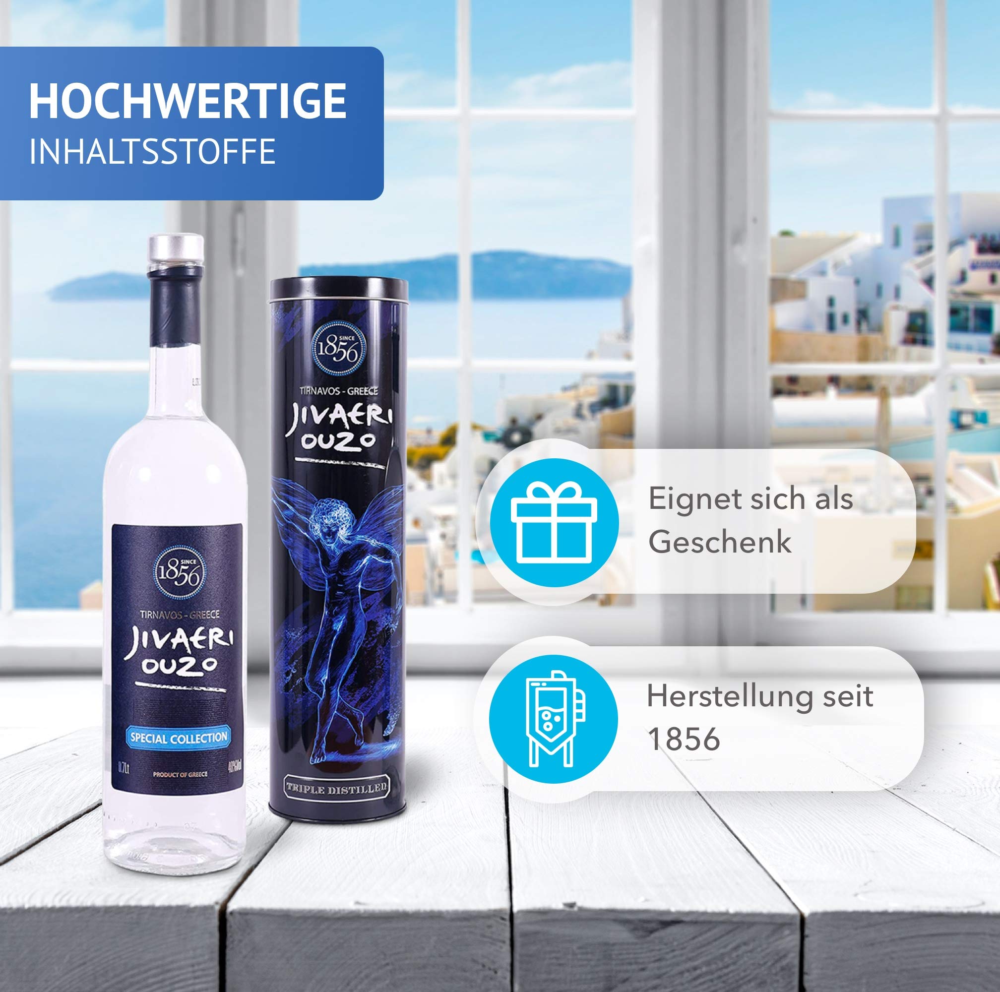 Ouzo Jivaeri Special Collection 3x 0,7l - 40% Vol. - 3fach destilliert - Älteste Ouzo Destillerie der Welt - Edle Alu Geschenkbox