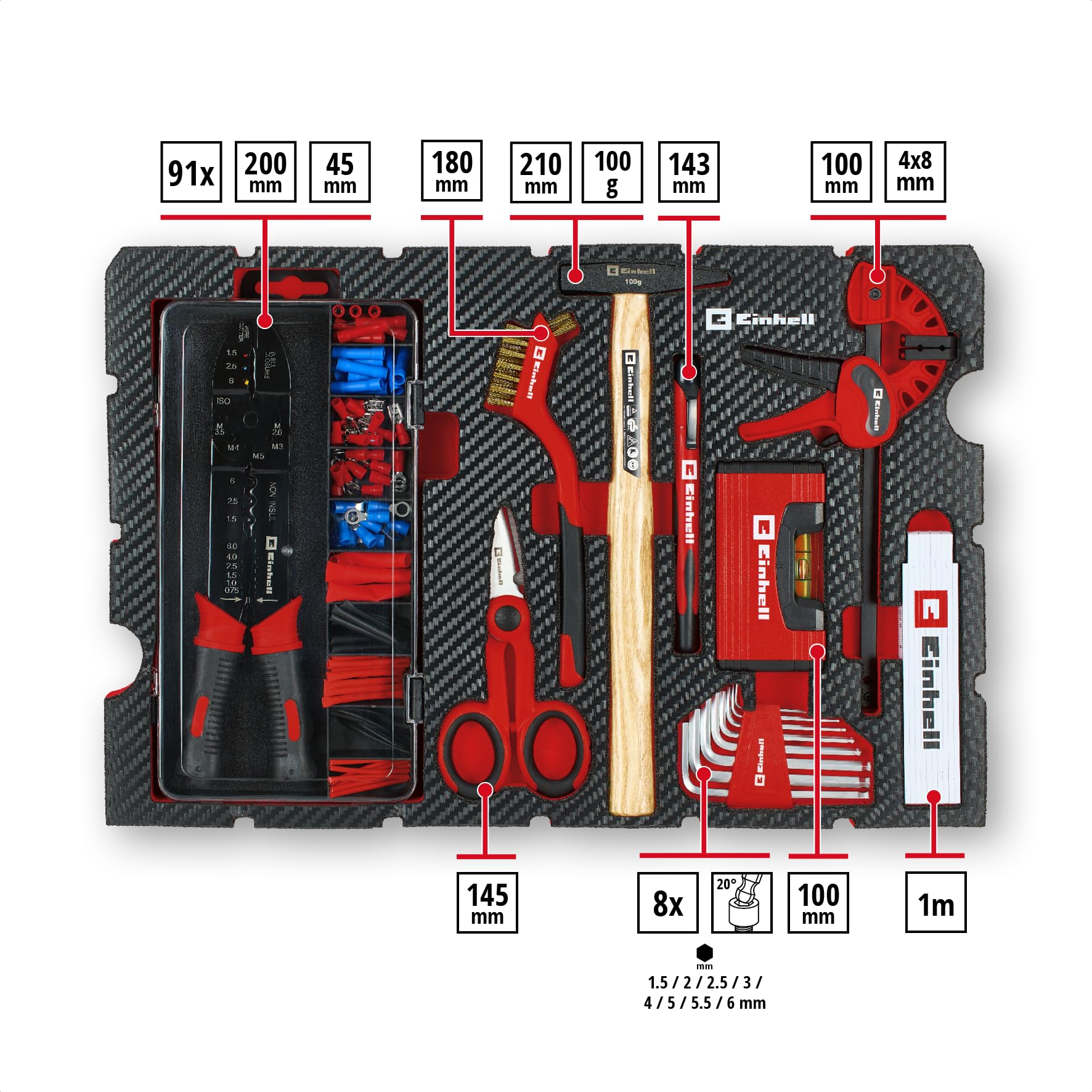 Original Einhell E-Case coffret à outils 153 pièces hobby (DIY, kit réparation électronique, pinces d’électricien, set de cosses de câble, brosse métallique main, limes, serre-joints, coffret système)