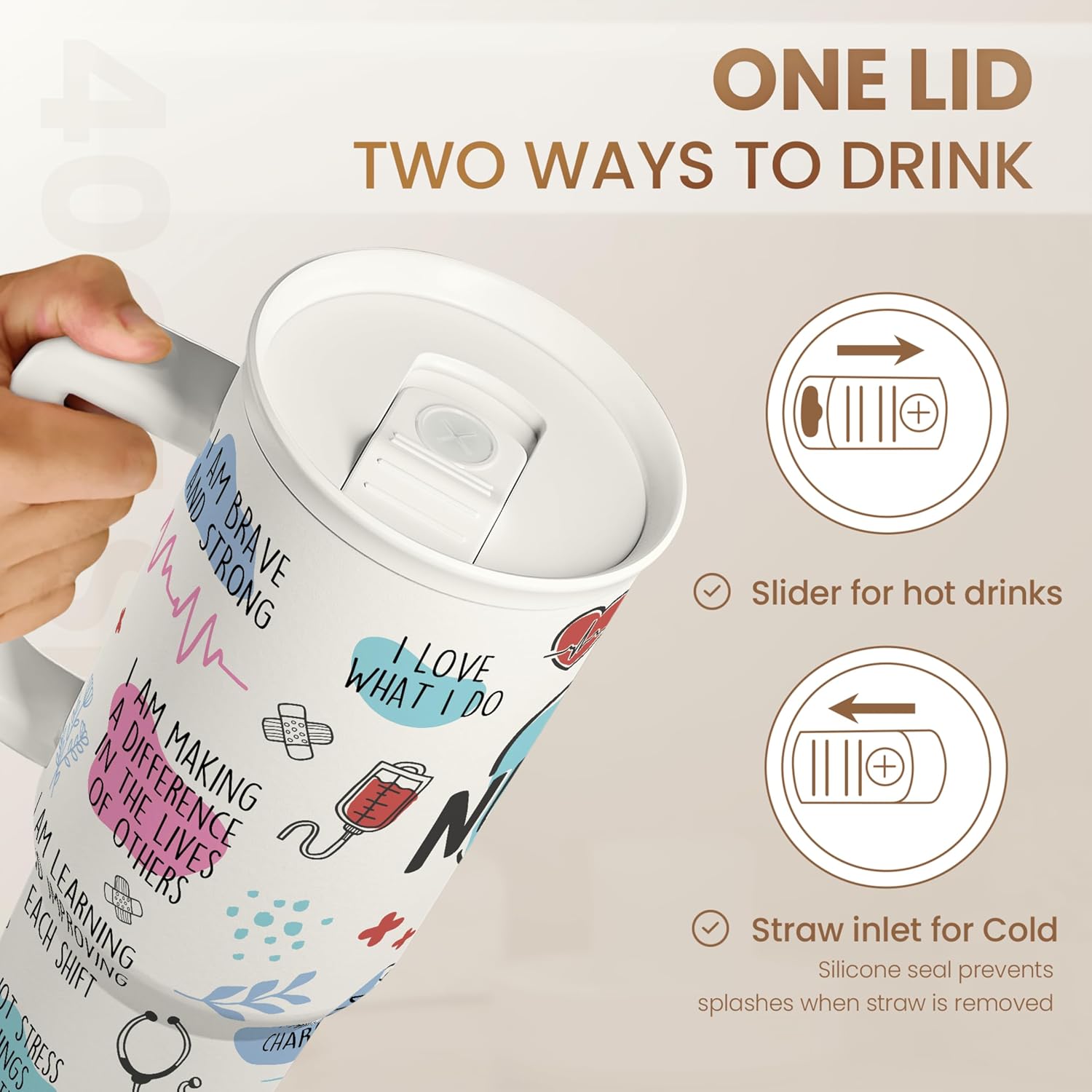 Nurse Tumbler with Handle 40oz, Coffee Travel Mug with Straw, Inspiration Gifts for Women Female Nurses, Nursing Gift for Birthday Christmas Nurse Week