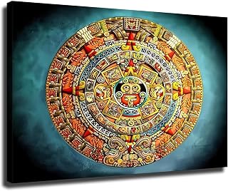 Mexico Aztec Piedra Solar Calendar Maya Wall Art, Mordern Canvas Wall Art, For Room Aesthetic Home Hallway Bedroom Living Room Decor (Framed,28 * 40inch)