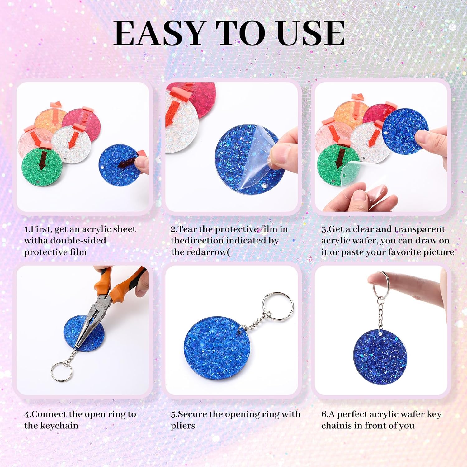 WILLBOND 24 Set Acrylic Keychain Blanks Set Colorful Glittery Keychain Tag Including 2 Inch Circle Keychains Tassels and Jump Rings for Crafting DIY Crafts(24)