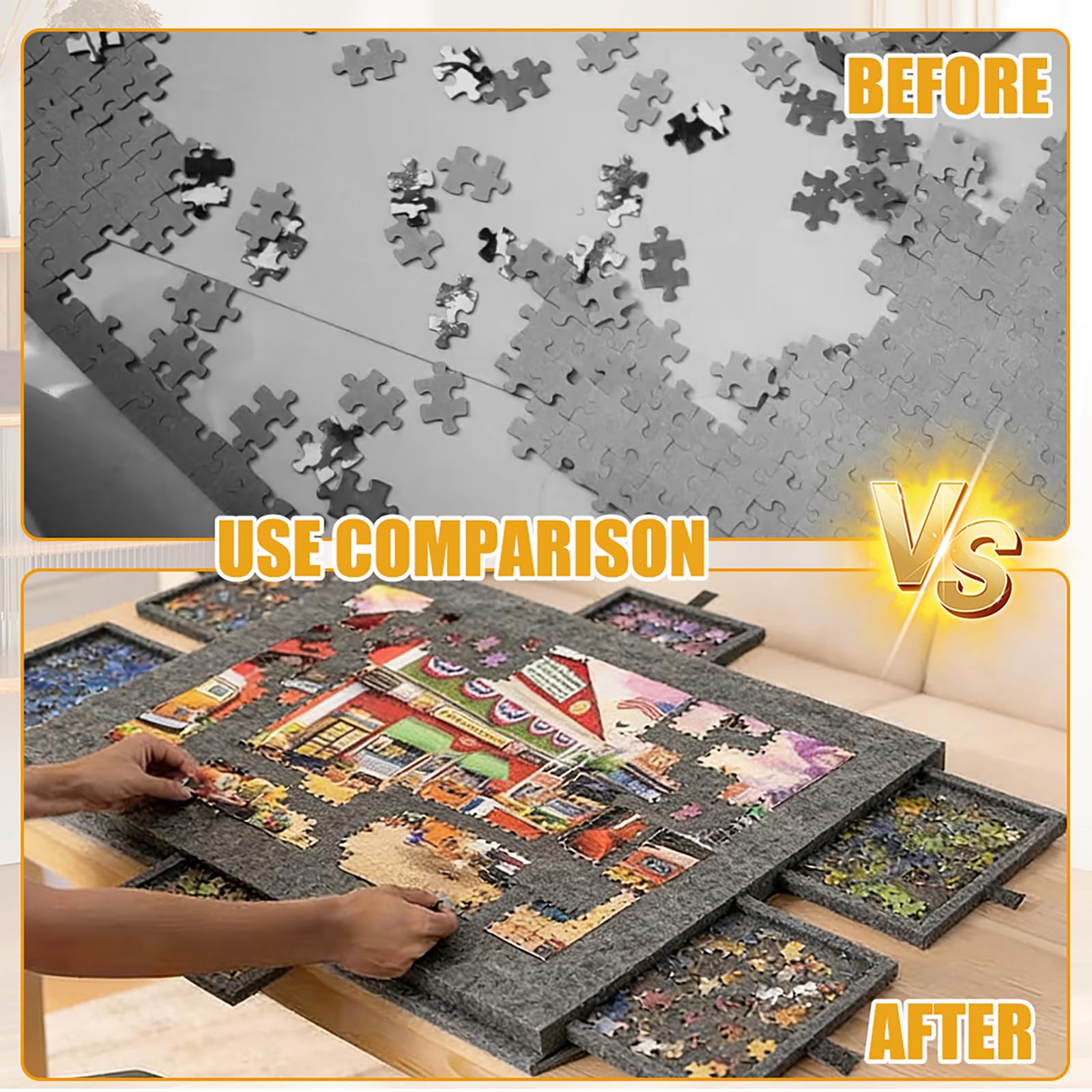 Tavolo per Puzzle 1000 Pezzi, Tavolo Puzzle Inclinabile Leggera in Feltro con 6 Cassetti, Tavola Puzzles Portatile con Supporto 2 in 1, 52 x 77 cm, Nero