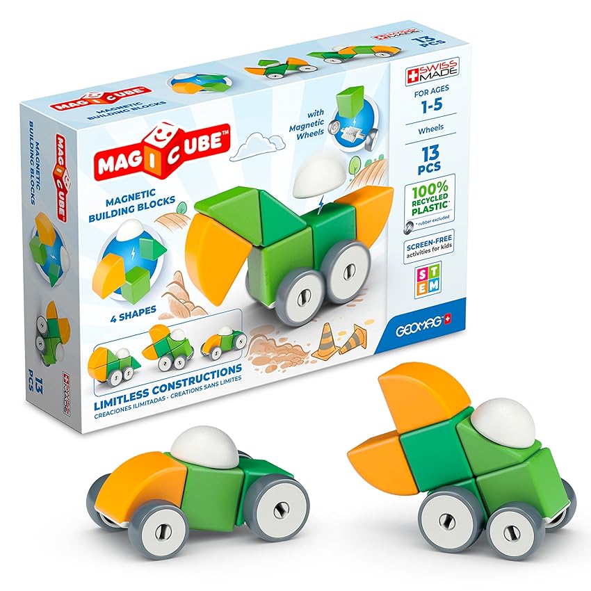 Geomag - Magicube 1+ Shapes - Blocchi Magnetici per Bambini - 4 Colori e Forme - Confezione da 13 Cubi - 100% Plastica Riciclata