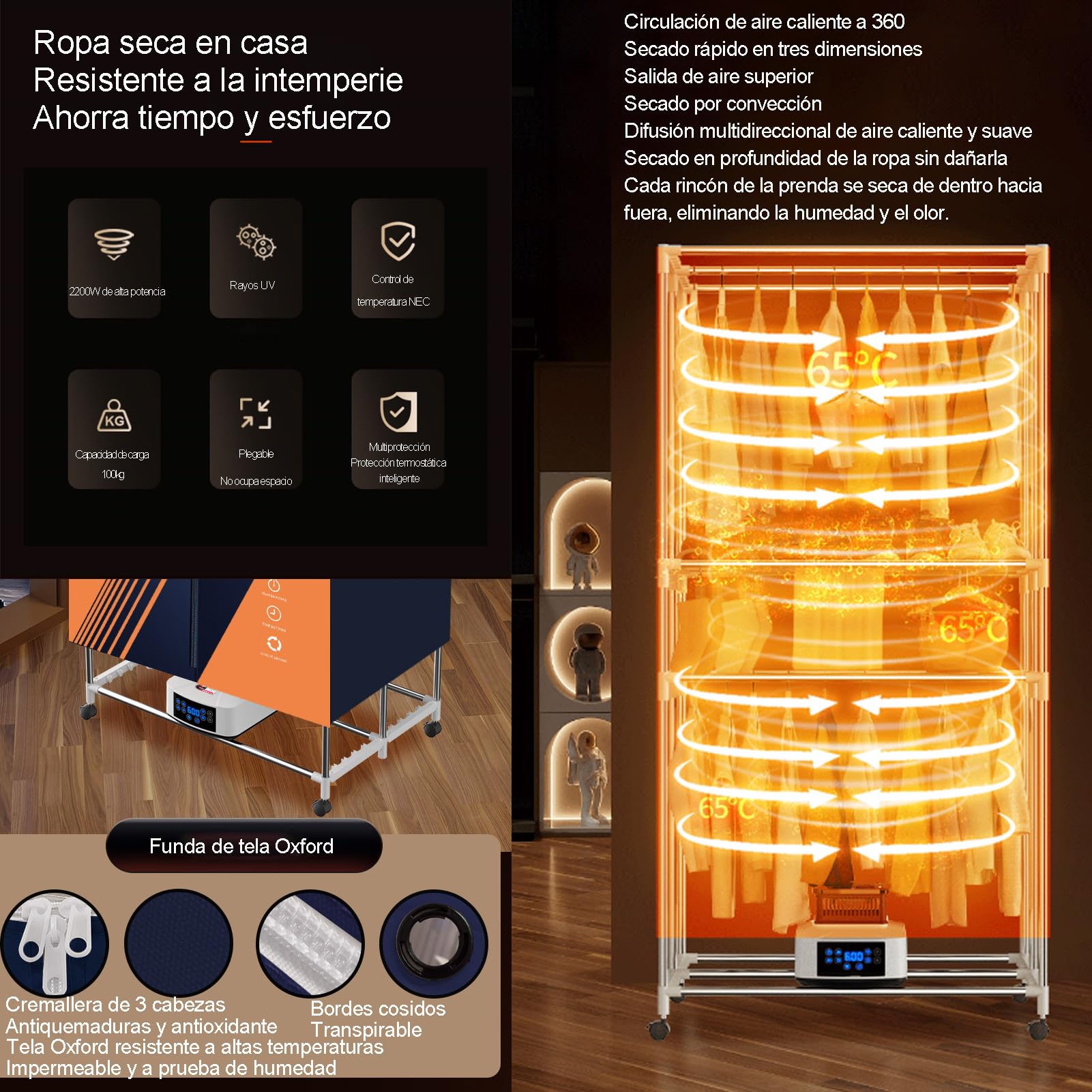 Secadora portatil ropa,tendedero secador de ropa electrico Capacidad de 30kg, Temporizador de 240 Min y Función de Calefacción PTC, Reducción de Ruido