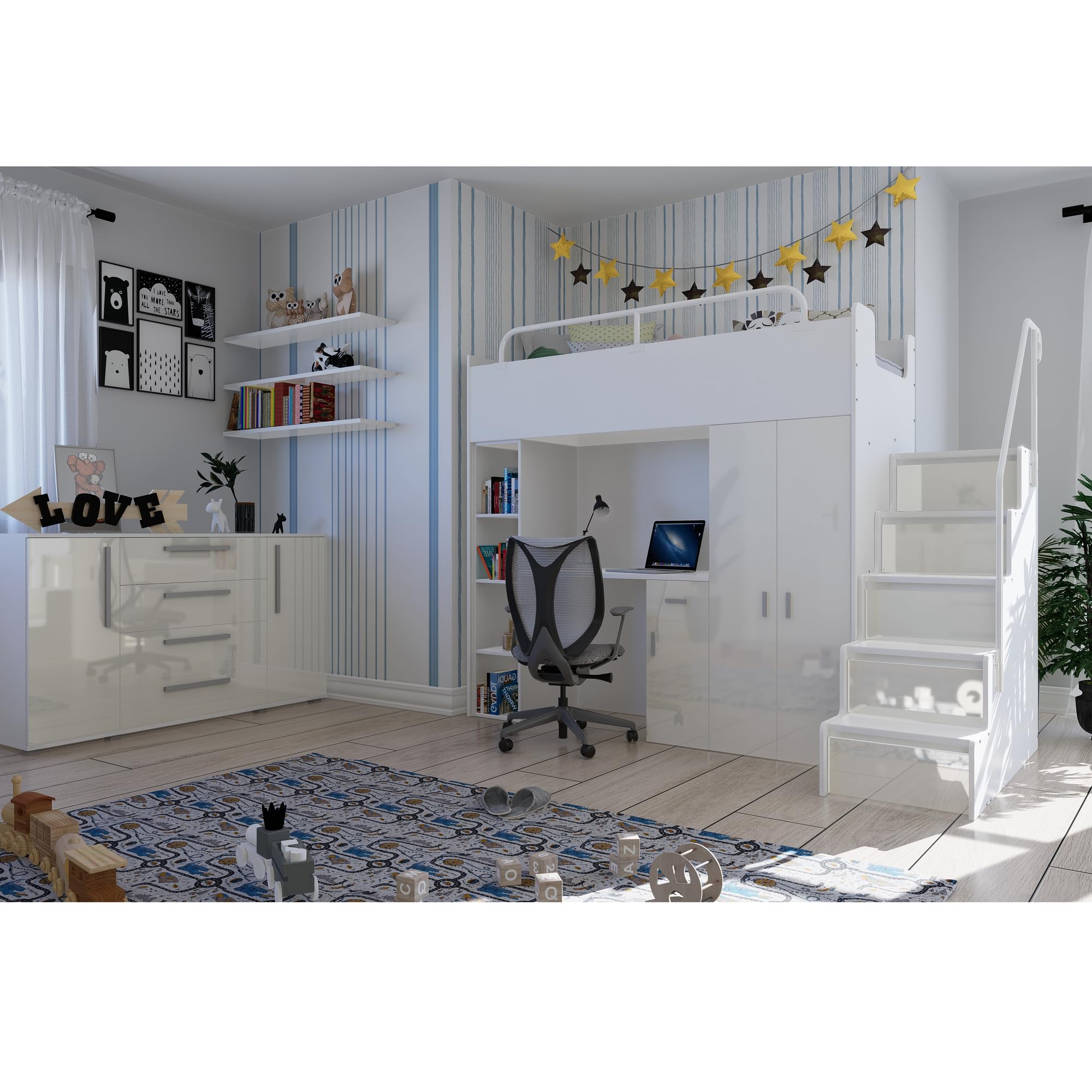 Hochbett JSM-4 80x190 mit Kleiderschrank Schreibtisch und Treppe Hochglanz Kinderbetten Funktionsbett Etagenbett Stockbett Kinderhochbett Jugendhochbett (Schwarz Glanz)