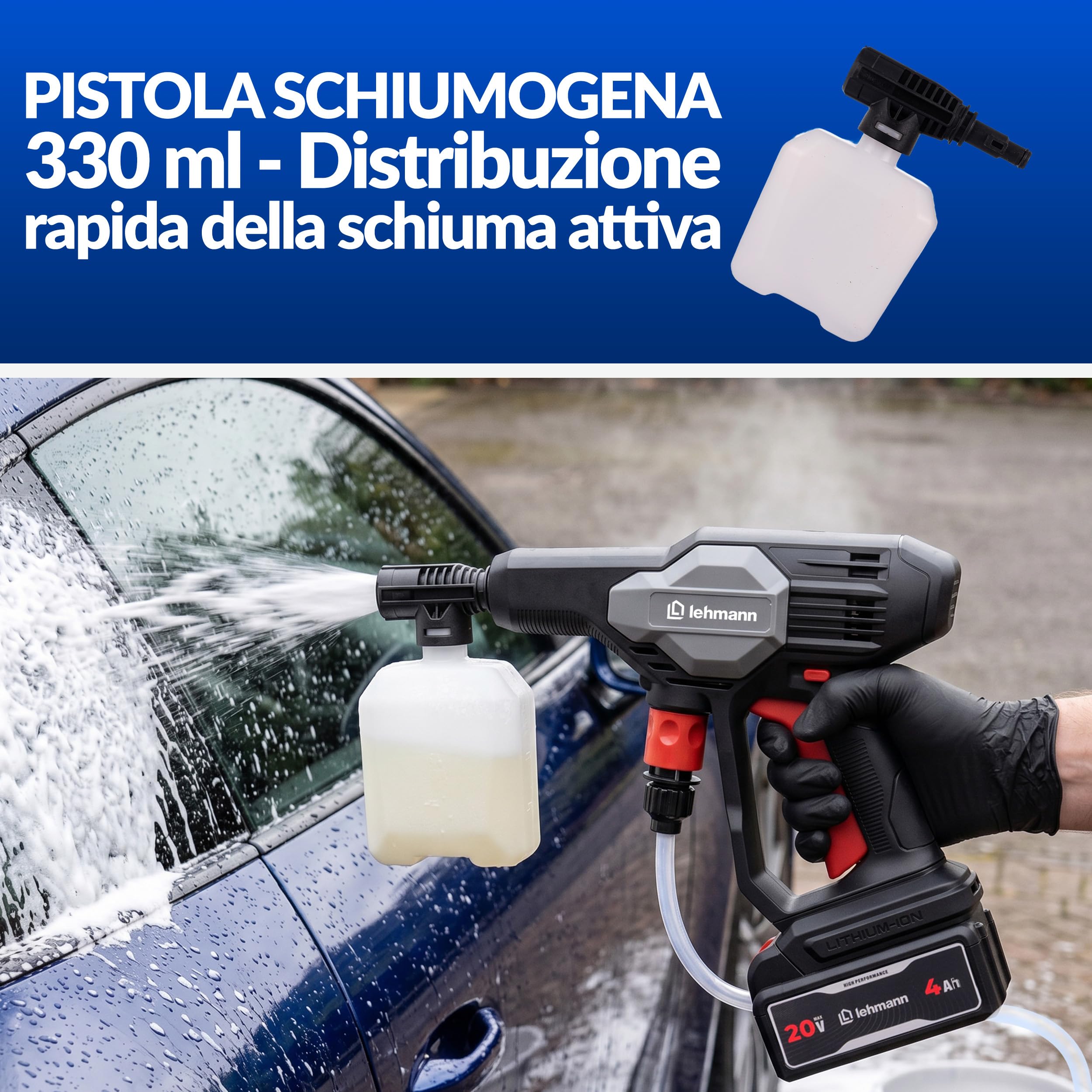 LEHMANN STREAM Mini Idropulitrice Portatile a Batteria 20V Max con Batteria 4Ah, Idropulitrice Autoadescante con Lancia 5 in 1, Tubo 6 m e Schiumatore per Auto e Terrazzo