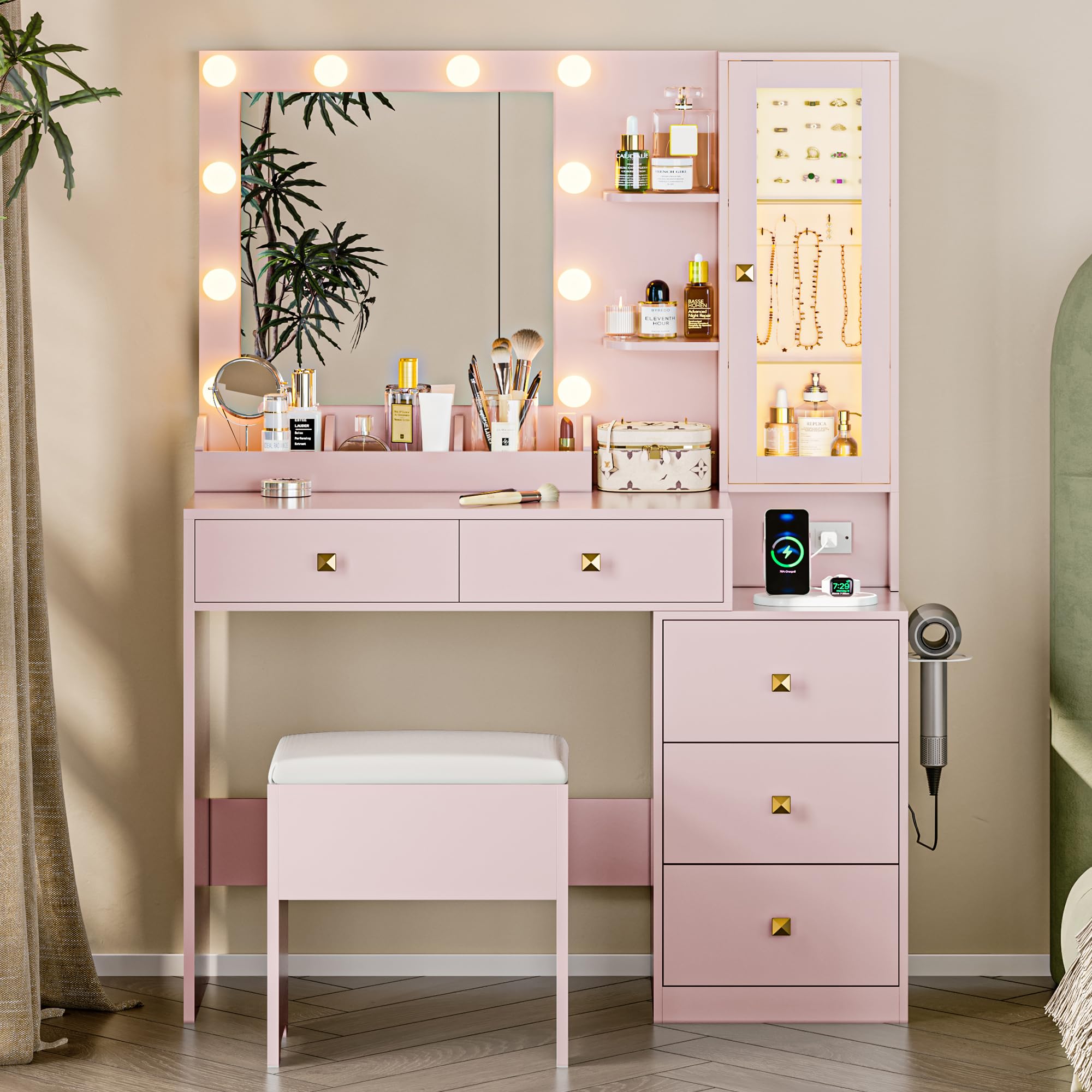 Vanity Desk with Mirror and Lights, Pink Makeup Vanity with 5 Drawers Hidden Jewelry Organizer& LED Glass Cabinet,3 Light Mode and Brightness Adjusted