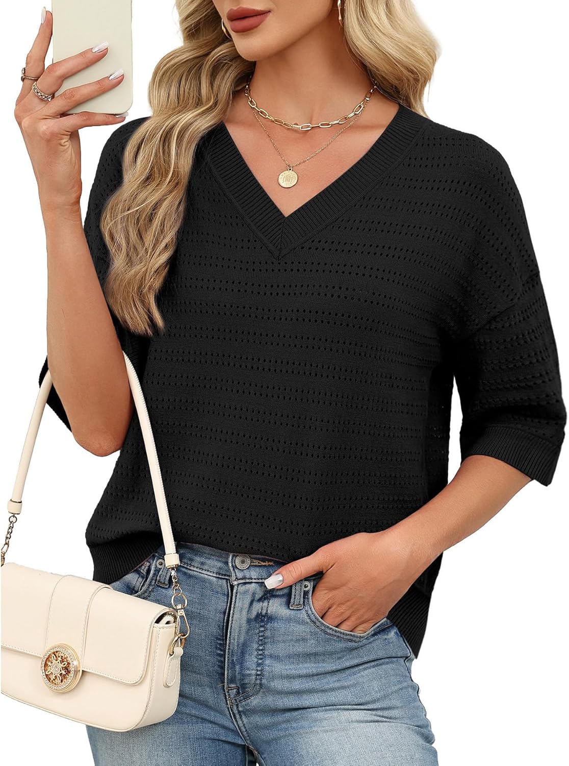 WIHOLL 3/4 Length Sleeve Womens Sweaters V Neck Cute Crochet Blouses Trendy Spring Summer Fashion Outfits