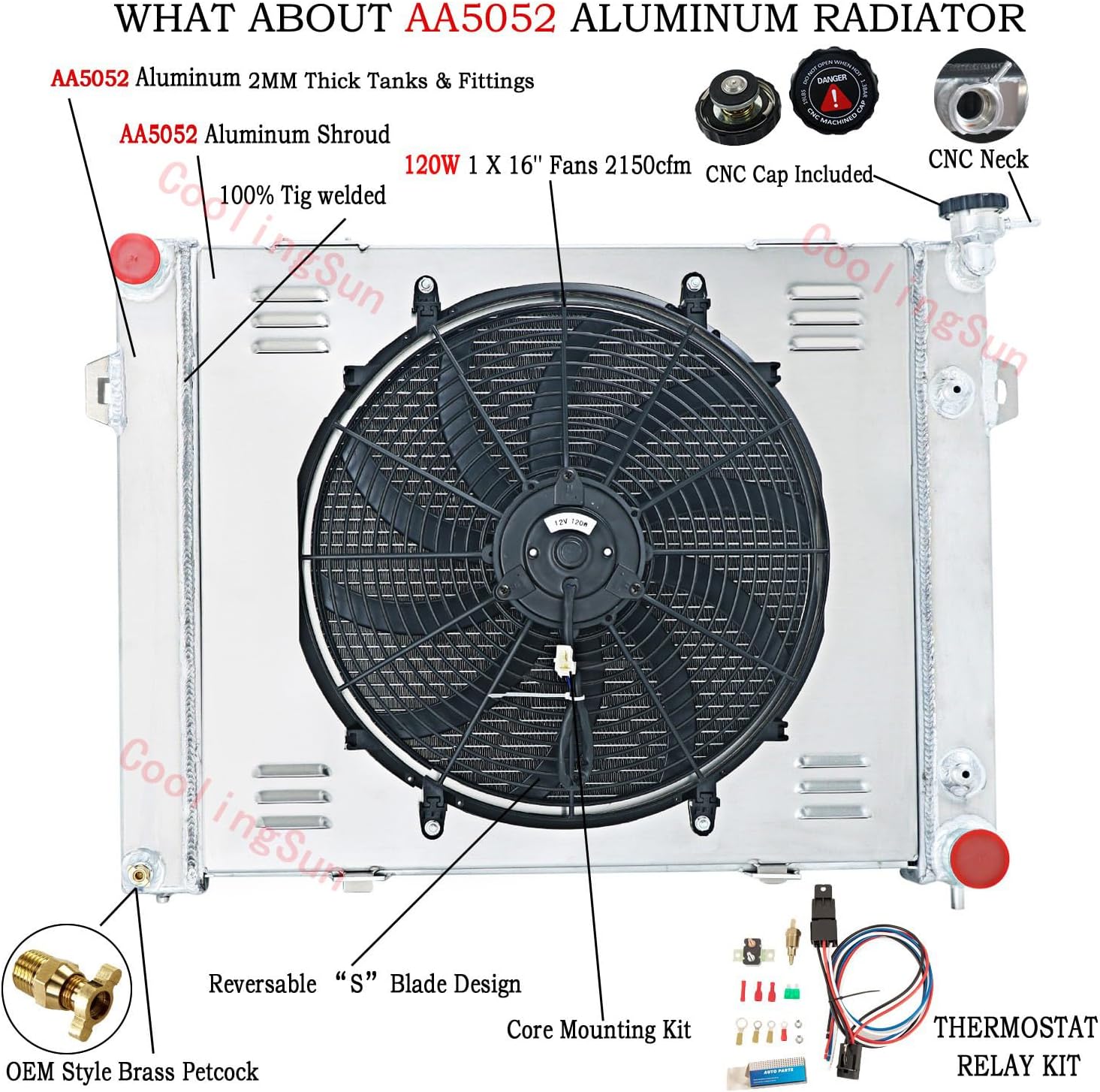 Aluminum Radiator for 1993-1997 1994 1995 1996 Jeep Grand Cherokee 5.2 V8 GAS, 3 Row Radiators with Electric Fan Shroud Thermostat Kit 93 94 95 96 97