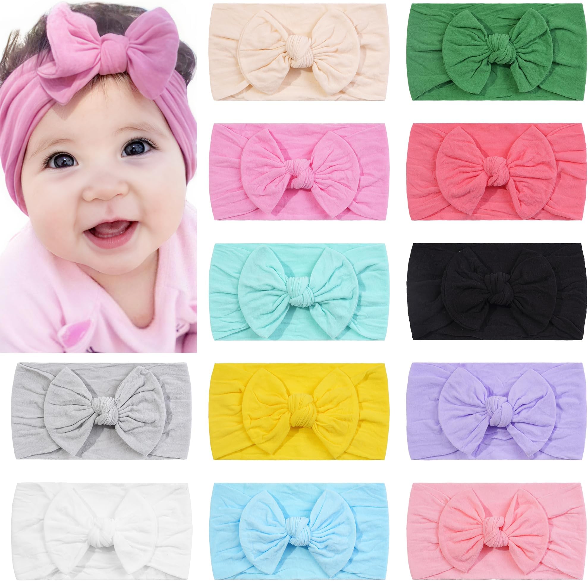 CELLOT 12 Colors Super Stretchy Soft Knot Baby Girl Headbands with Hair Bows Head Wrap For Newborn Baby Girls Infant Toddlers Kids