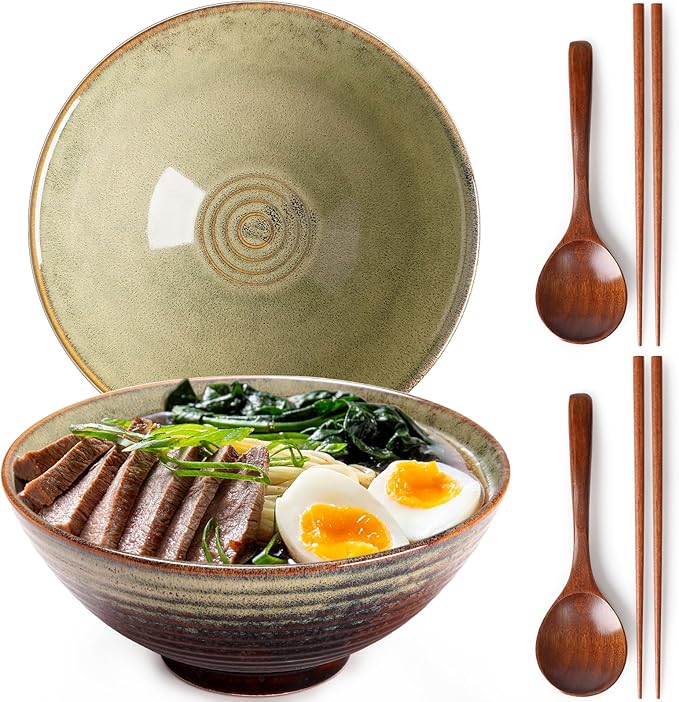 NUTRIUPS 8 Inch Ceramic Ramen Bowl Set of 2 Pho Bowls 40oz Japanese Noodle Udon Soup Bowls with Spoons and Chopsticks (Blue Peacock)