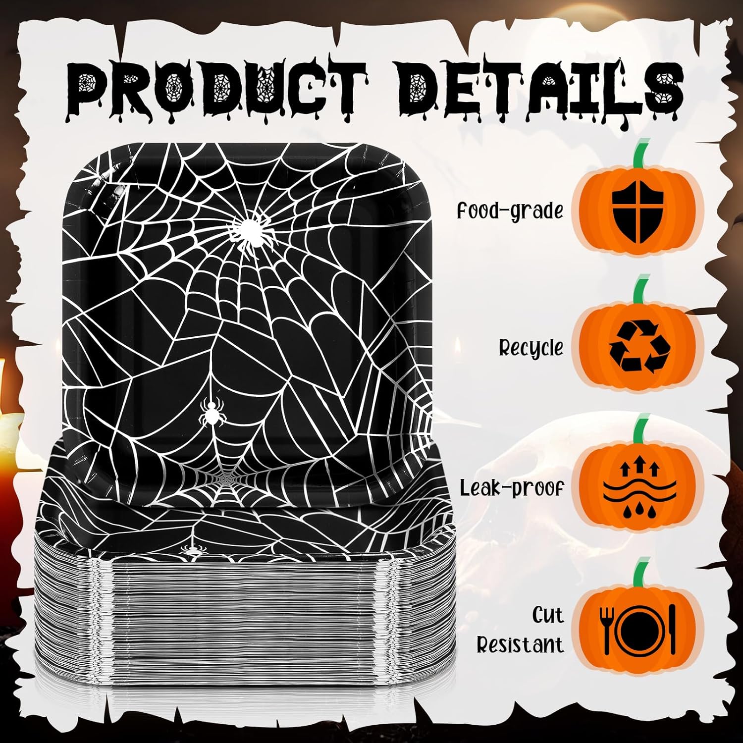 Havawish 100 Pcs 7 Inch Halloween Paper Plates Black Disposable Dessert Plates Skeleton Spider Web Square Halloween Decorative Dinner Plates for Birthday Party Supplies(Spider Web)