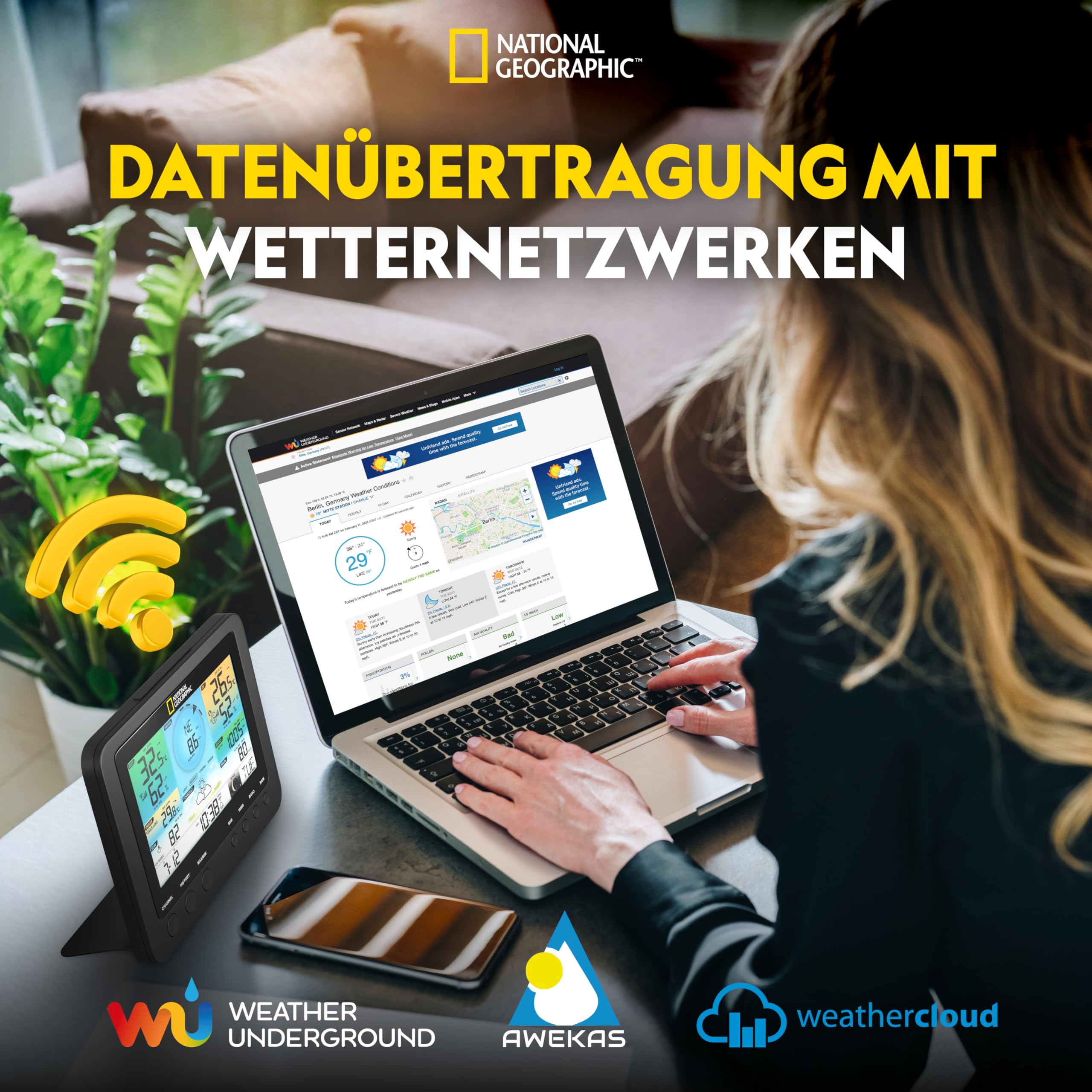 National Geographic Wetterstation Funk mit Aussensensor WLAN Farbwettercenter mit 7-in-1 Profi-Sensor für Wind, Luftfeuchtigkeit, Temperatur, Niederschlag, UV-Level und Lichtintensität, LED, Schwarz | Innentemperatur und Außentemperatur, Luftfeuchtigkeit,