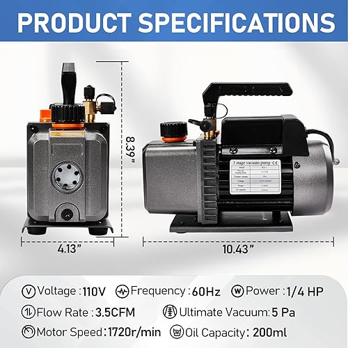 Miniatura 2 de Bomba de vacío HVAC de una sola etapa de 3.5 CFM 14 HP 110V para sistemas R134a R12 R22 R410a R502, bomba de vacío de CA automática para recarga de