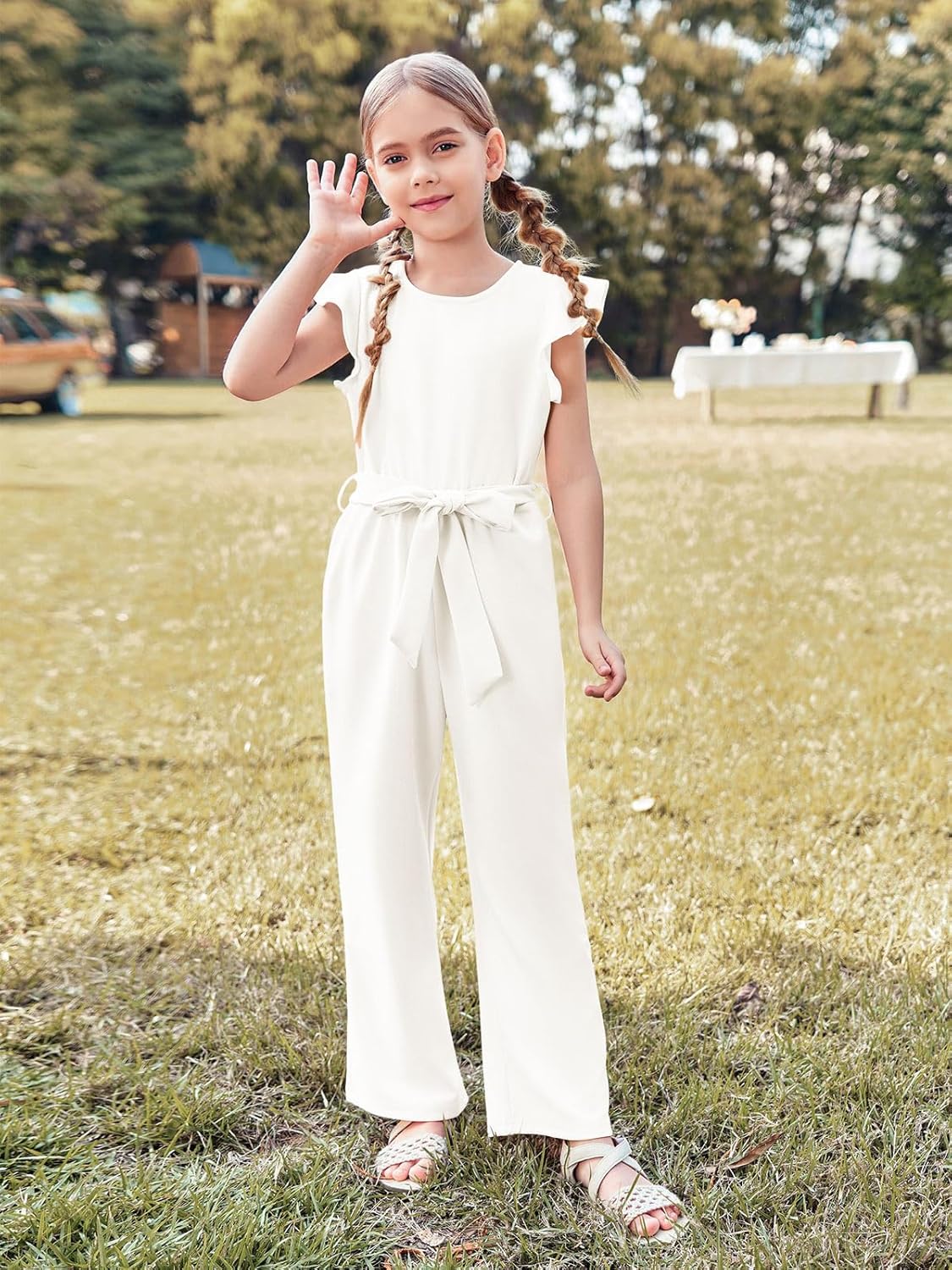 Haloumoning Girls Jumpsuit Kids Fashion Cap Sleeve Belted Wide Leg Romper One Piece Summer Outfits 13-14 Years White image 2 of 7 B0CN2Z7JMV