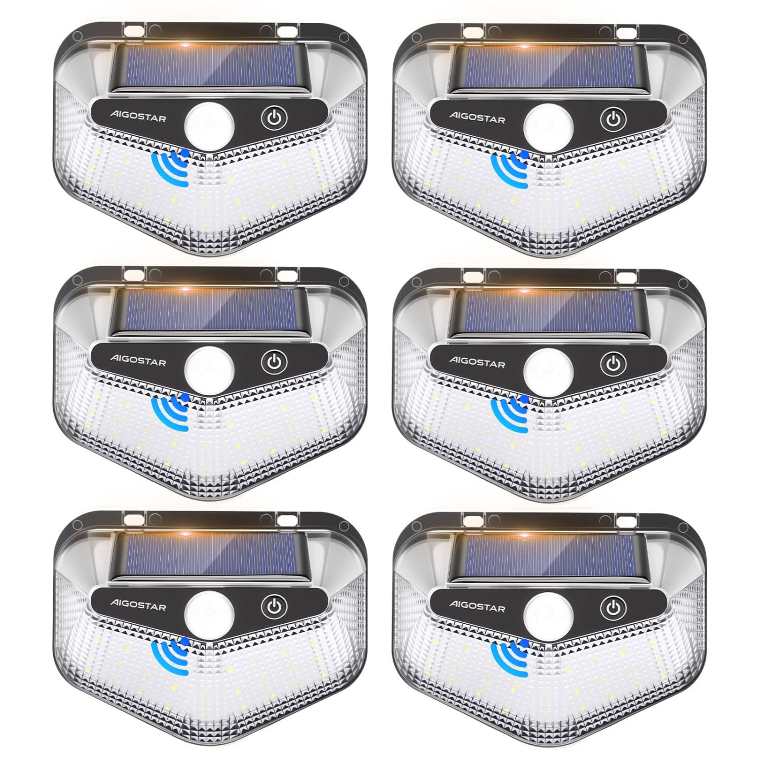 Aigostar Luz Solar Exterior,6 Paquete, 3 Modos, 270° Súper Brillante,Focos Led Exterior Solares con Sensor de Movimiento, IP65 Impermeable luces Solares para Jardín,Patio,Garaje,6500K