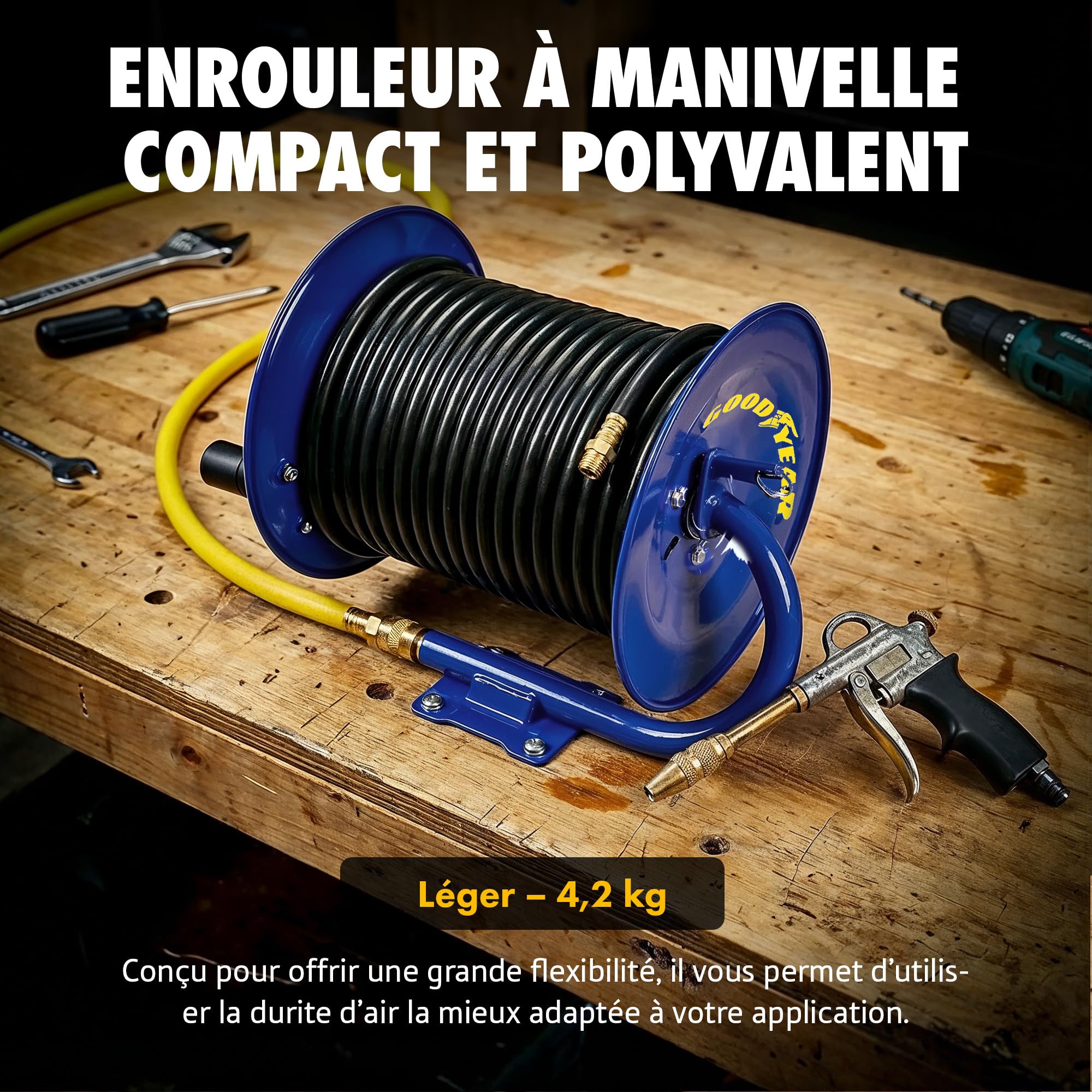 Goodyear Enrouleur de tuyau à manivelle, capacité 9,5 mm x 30 m, 20 bar | Rembobinage manuel; conçu pour garage, atelier et espaces industriels; tuyau non inclus