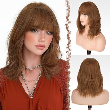 FESHFEN Shoulder Length Wigs with Bangs - Auburn Natural Looking Wavy Medium Length Synthetic Hair Bob Wig for Women Daily Party Use, 14 inch