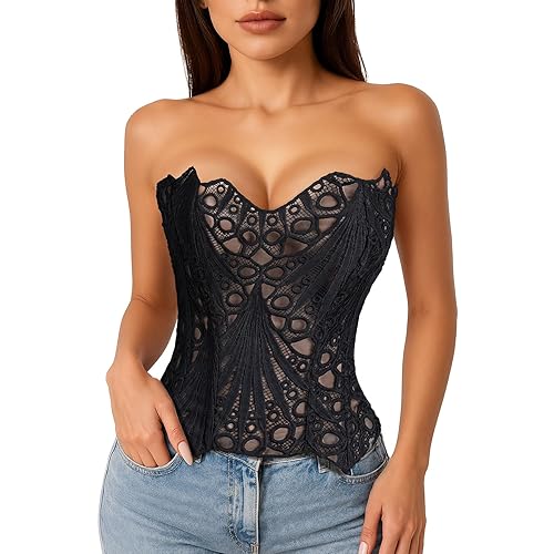 LEACOOLKEY Lacework Corset Top for Women Sexy Textured Sheer Floral