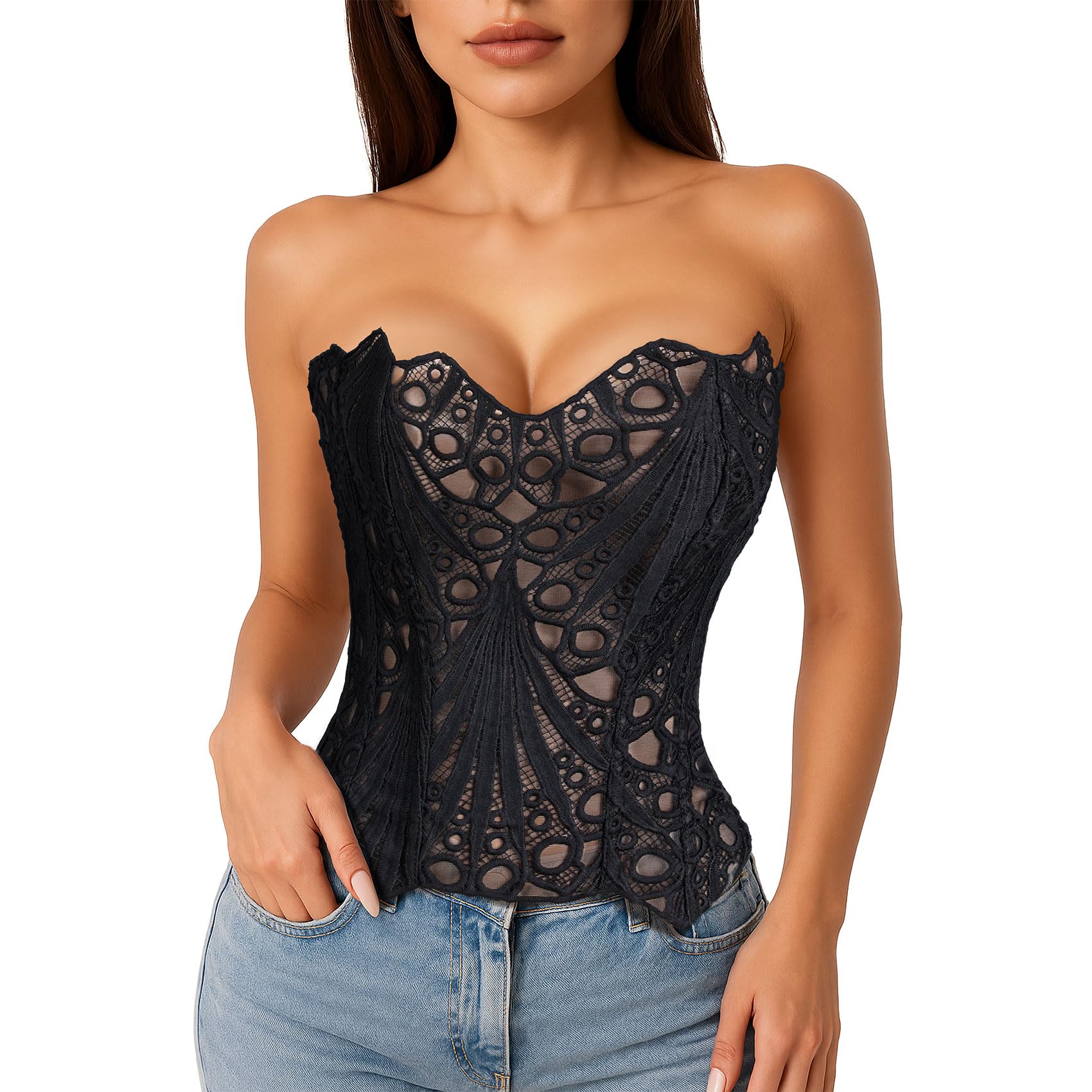 LEACOOLKEY Lacework Corset Top for Women Sexy Textured Sheer Floral Lace Bustier Going Out Lace-up Corset Overbust Top