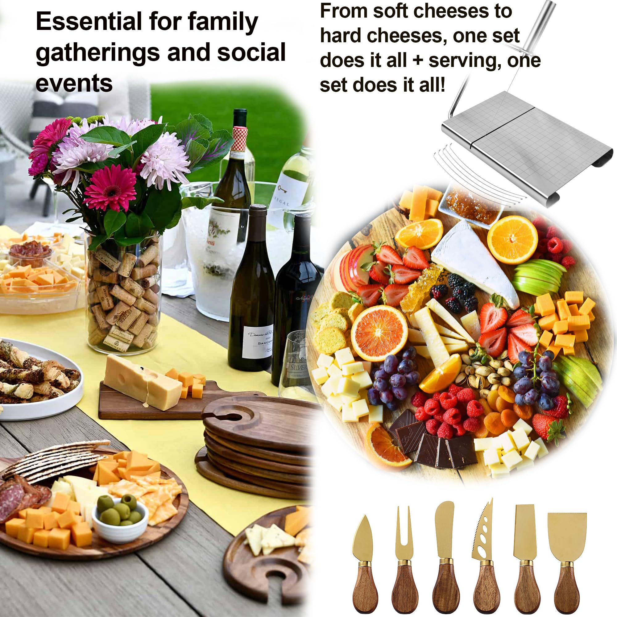 Genérico Tabla de Quesos Premium con Cortador de Queso y 5 Hilos de Repuesto,Set de Cuchillos para Queso de Acacia y Acero Inoxidable,Tabla Charcutería con Caja de Regalo,21.1×13×2.5 cm