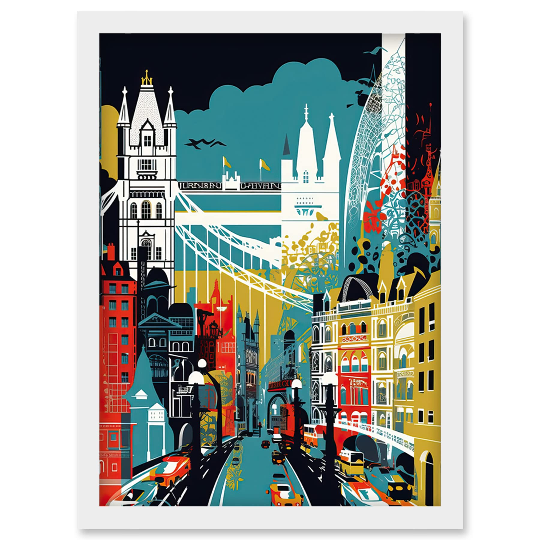 Artery8 London Iconic Landmarks Modern Abstract Cityscape Artwork Framed Wall Art Print A4