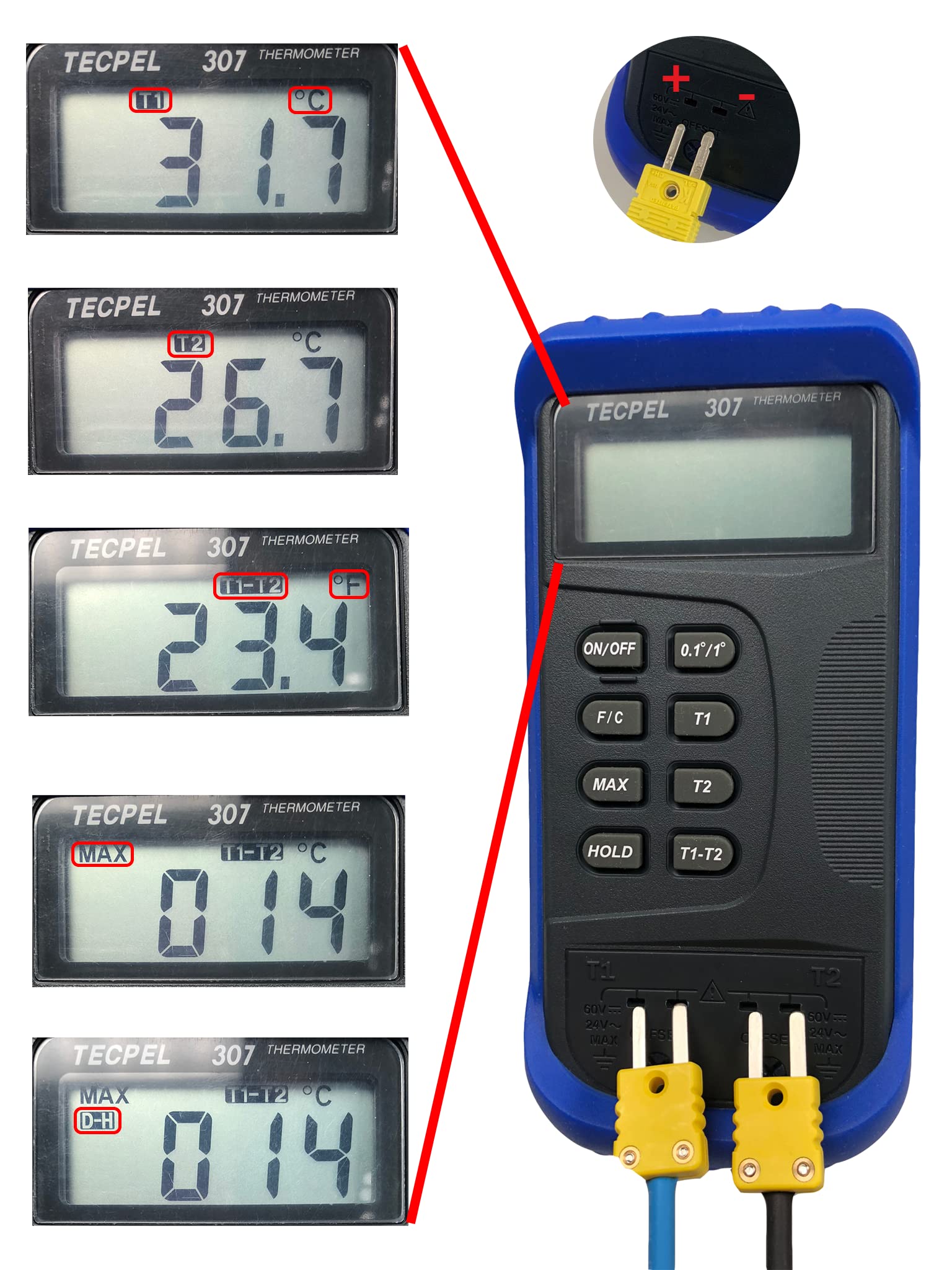 TECPEL Termometro digitale DTM-307 con 2 tipo k sonda sensore termocoppia