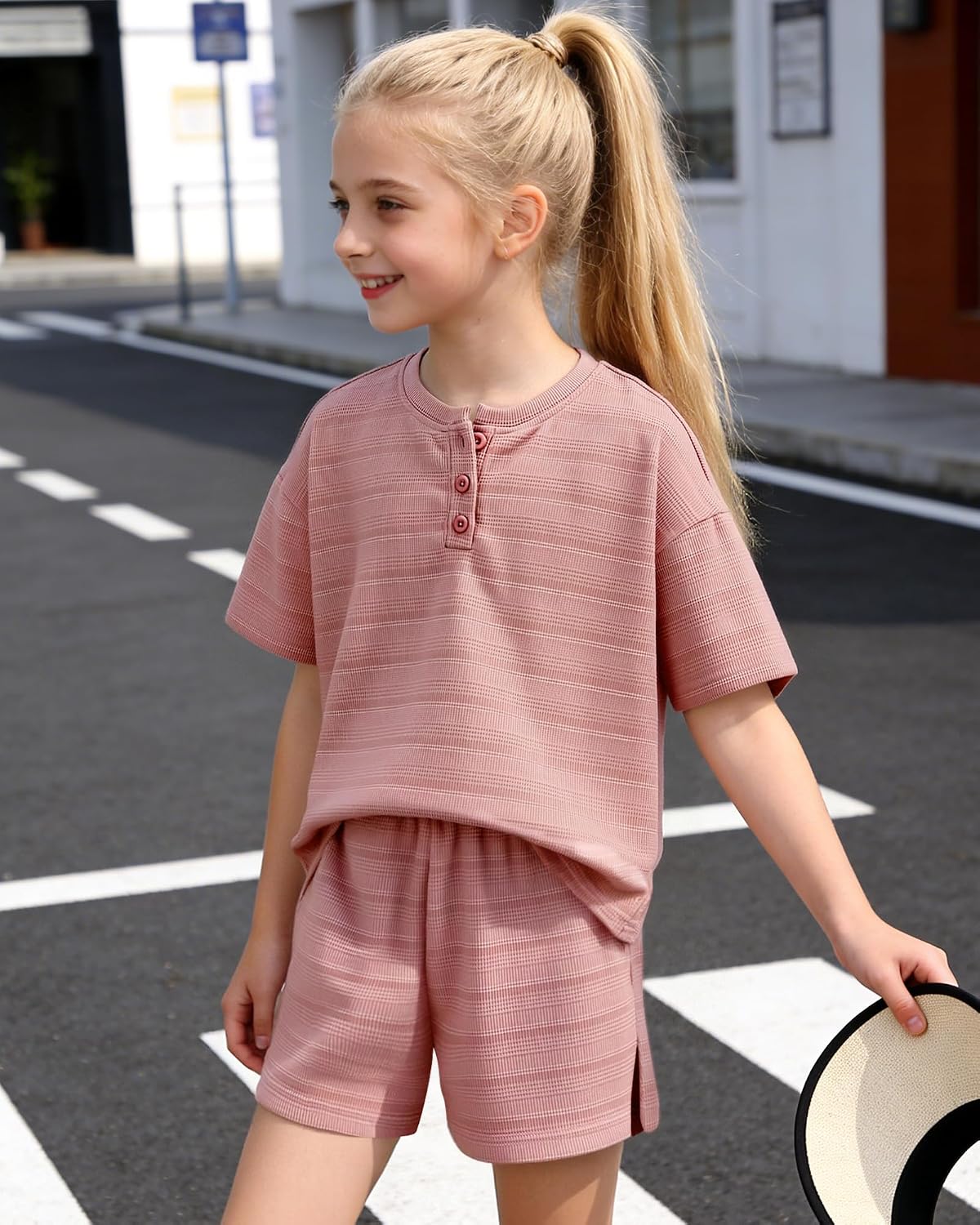 WESIDOM Girls Clothes 2 Piece Outfits 6-14Y Solid Textured Round Neck 3 Button Top+Shorts with Pockets image 3