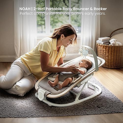 Miniatura 5 de Mecedora y mecedora 2 en 1 para bebé, asiento portátil para bebés de 0 a 9 meses, 3 posiciones ajustables, detalles de madera, inserto suave para