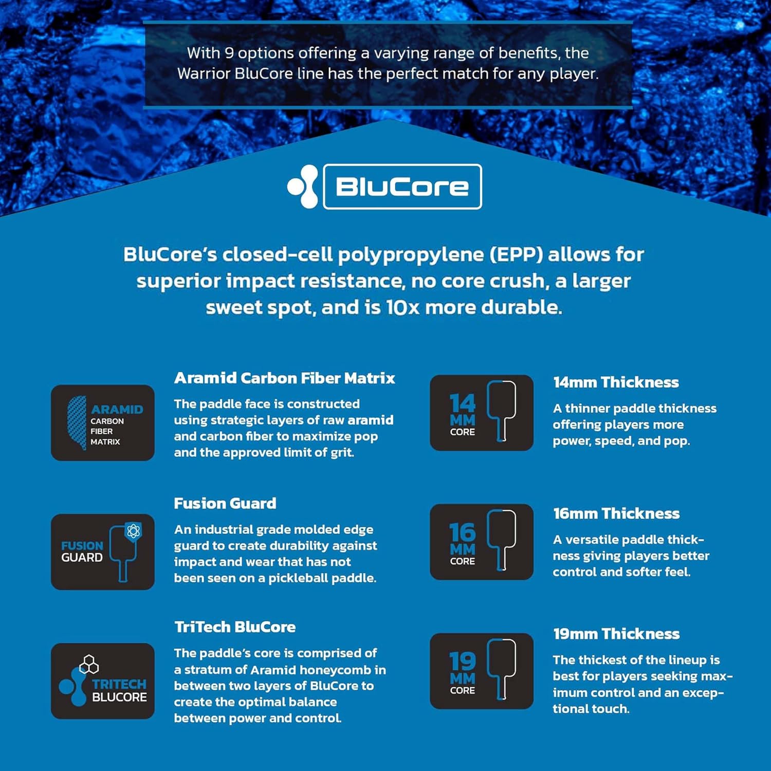 Diadem Warrior BluCore Pickleball Paddle | Pro Control & Power – Aramid Carbon Fiber Face, Durable EPP Core – Unmatched Durability, Consistency, and Performance, Lifetime Core Warranty | USAP Approved