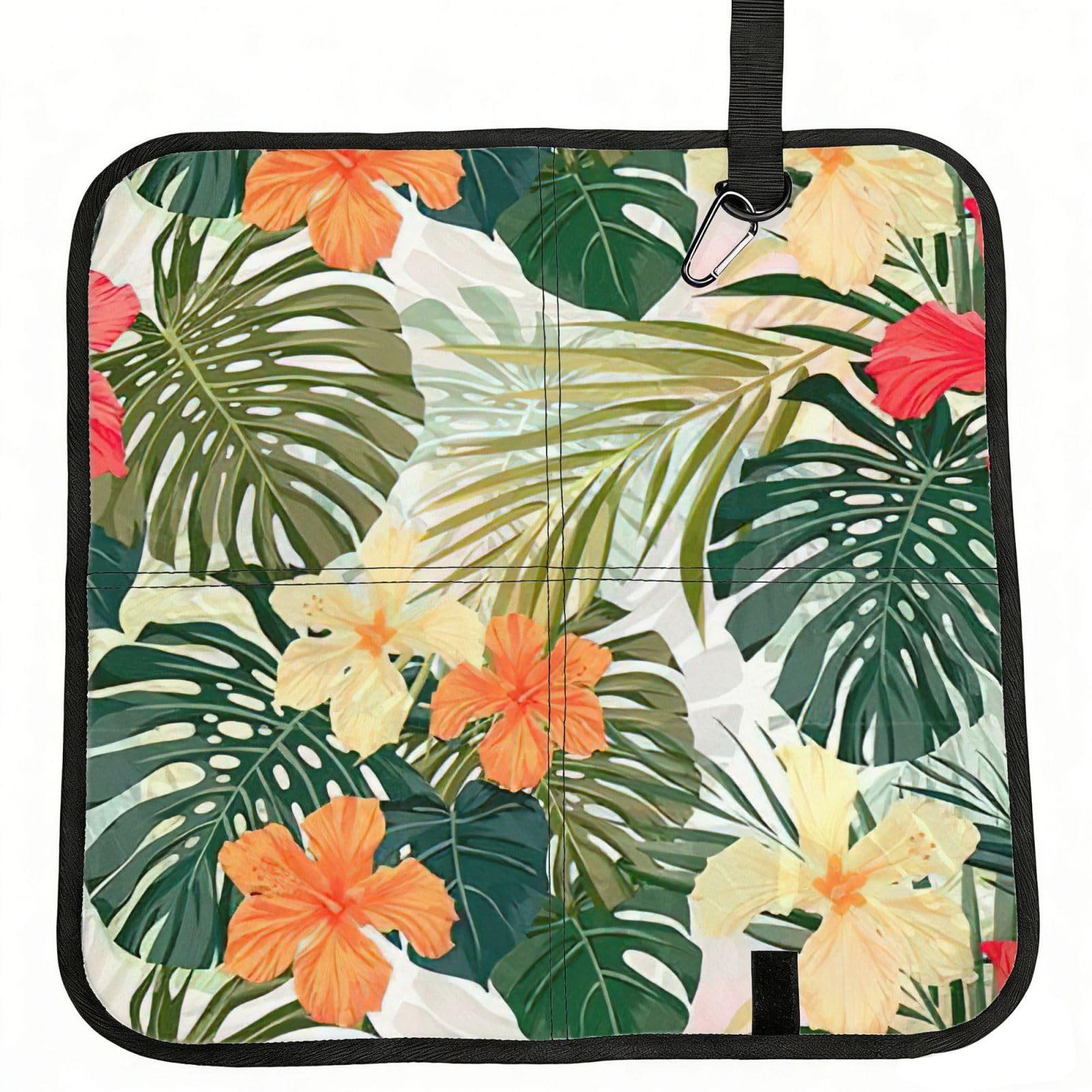 AYYQWE Vegetation Leaves With Hibiscus Flowers Print Foldable Seat Cushion Portable Chair Pad Office Commuting Picnic Camping Outdoor