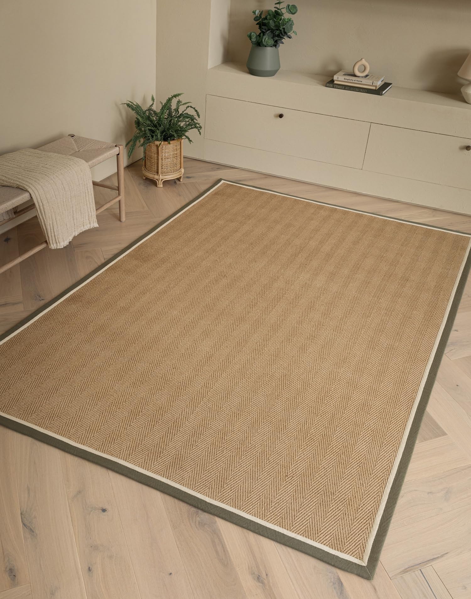 Lord of Rugs Natural Jute Flatweave Rug with Cotton Border LinoWeave Herringbone Design Beige Natural Living Room Bedroom Dining Area Rug Khaki Cream, 120 x 170 cm (4'x5'6")
