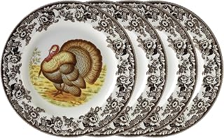 Woodland Turkey Set of 4 Dinner Plates, 10.5" - Thanksgiving Tableware, Collectible Holiday Dish with British Flowers Border, Fine Earthenware - Dishwasher, Microwave, Oven Safe