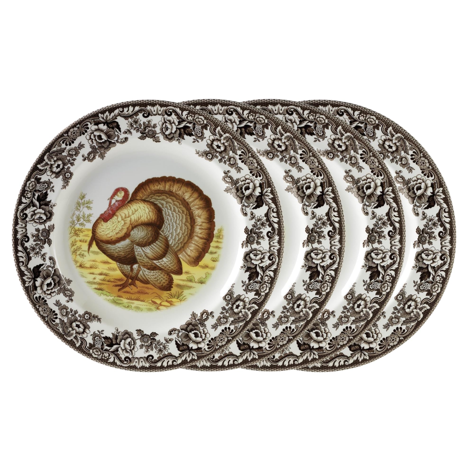 Spode Woodland Turkey Set of 4 Dinner Plates, 10.5" - Thanksgiving Tableware, Collectible Holiday Dish with British Flowers Border, Fine Earthenware - Dishwasher, Microwave, Oven Safe