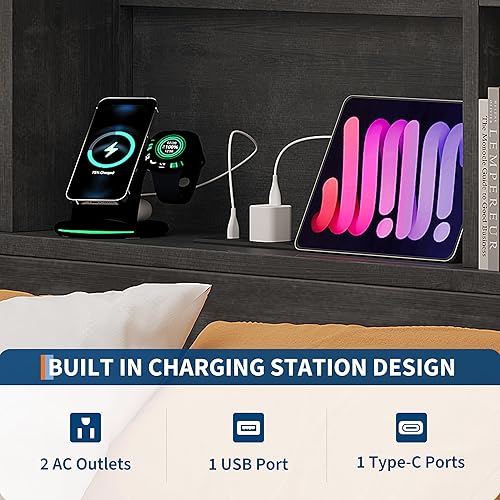 Miniatura 5 de GarveeHome Base de cama de tamaño matrimonial con cabecera de estantería de alto almacenamiento, marco de cama de madera con 4 cajones de