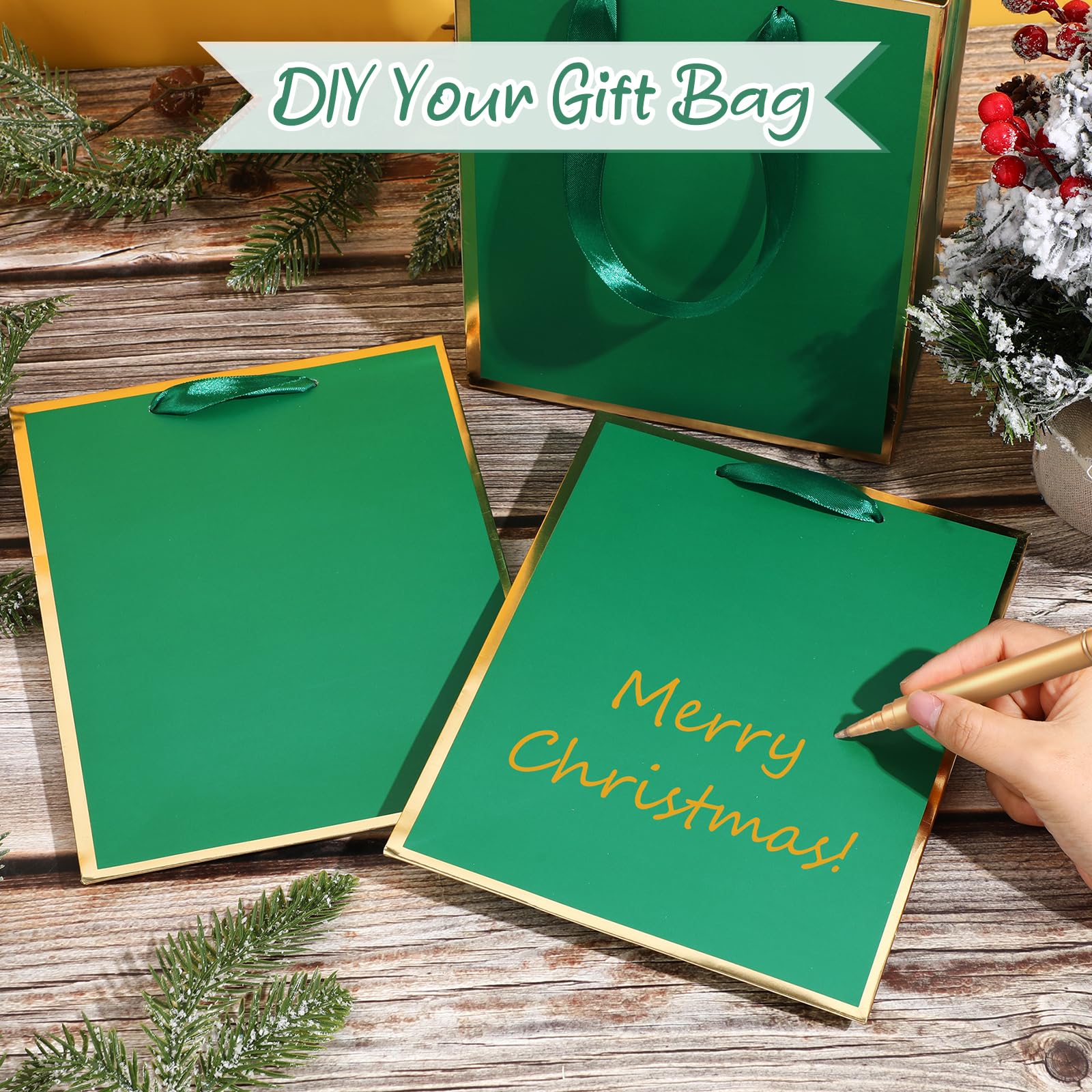 Yeaqee 10 Pack Metallic Paper Gift Bags with Handle Tissue Paper Thank You 5 Senses Gift Bag for Birthday Wedding Baby Shower Groomsmen Bridal Graduation Party Favor 9 x 7 x 3.15''(Green, Gold)