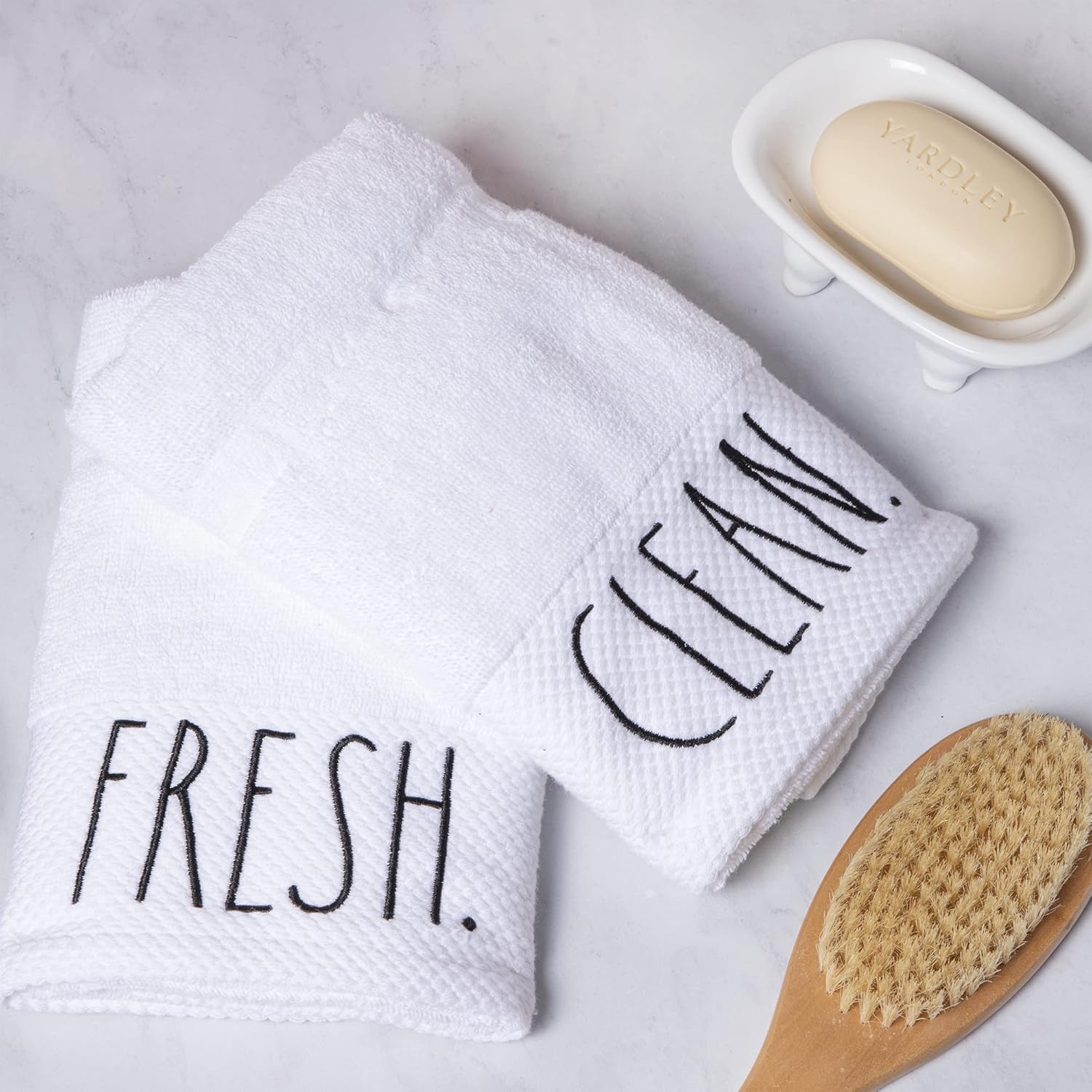 Rae Dunn Hand Towels, Embroidered Decorative Hand Towel for Kitchen and Bathroom, 100% Cotton, White- Fresh/Clean, 16"x 28" - Image 2