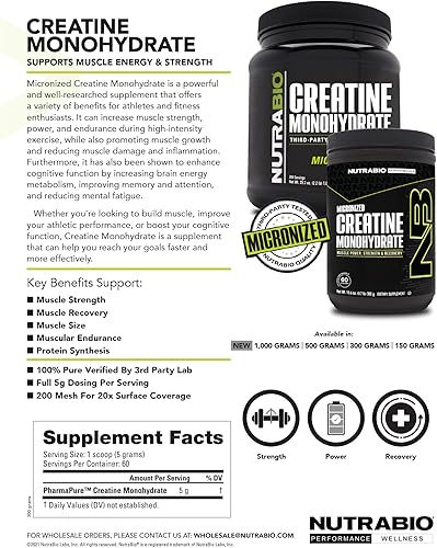 Miniatura 10 de NutraBio - Monohidrato de creatina de grado micronizado y puro, refuerza la energía y la fuerza muscular (35.27 onzas), sin sabor, probado por HPLC