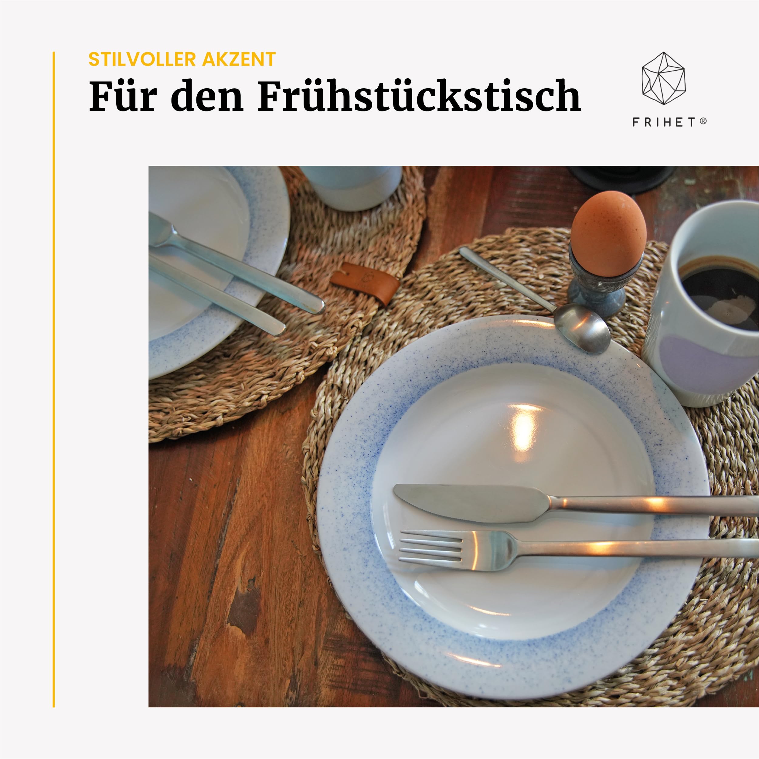 FRIHET Tischset rund - Seegras geflochten (4er Set) Platzset Ø 33 cm, Natur Tischdeko, Tischsets Platzsets abwischbar, Platzdeckchen Esstisch, Hygge Skandi Boho