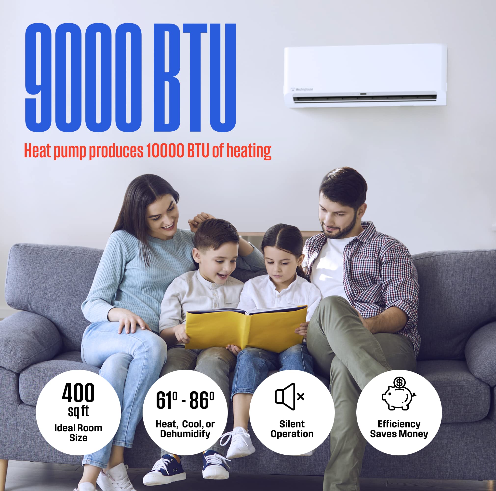 Westinghouse mini split ac/heating system, 9,000 BTU, 400 sqft, 115V, 19.3  SEER, 10.5 HSPF - Complete heating and cooling system with 15ft  Installation Kit, ductless with precharged condenser - Amazon.com
