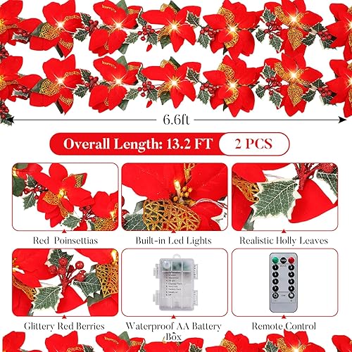 Miniatura 8 de Guirnalda de Navidad preiluminada con luces con purpurina y hojas de acebo y bayas, temporizador remoto, 8 modos, guirnalda de flores iluminada de