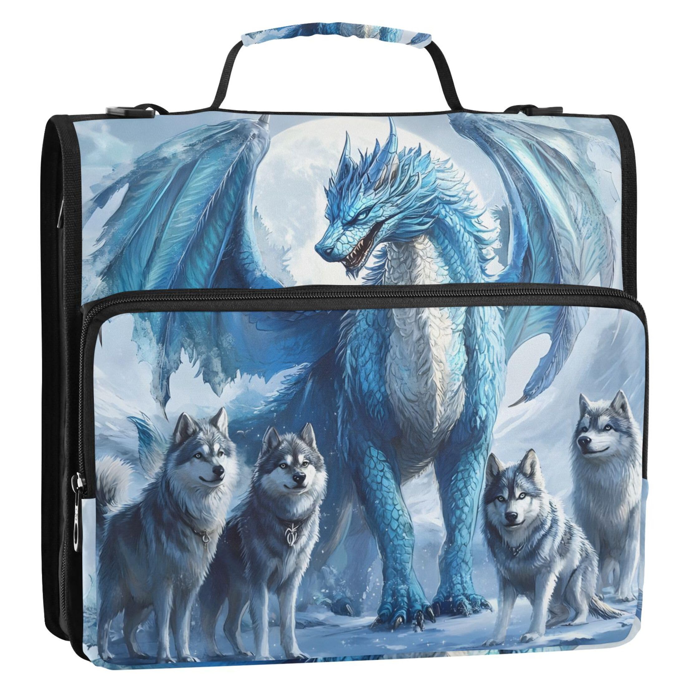 Travel Zippered Binder Organizer 1 1/2 Inch Binders 3 Ring Wolf Dragon Cute Animal Print Storage Portfolio Folder with Handle Binders with Strap Middle School Bag