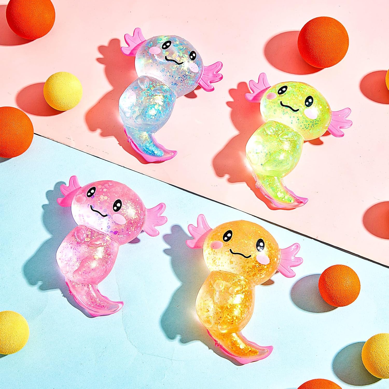 Simgoing 4 Pcs Axolotl Stress Toy Squeeze Axolotl Party Favors Malt Sugar Filled Stretchy Fidget Stress Ball Sensory Toys for Adults Soothing Graduation Birthday Party Gift