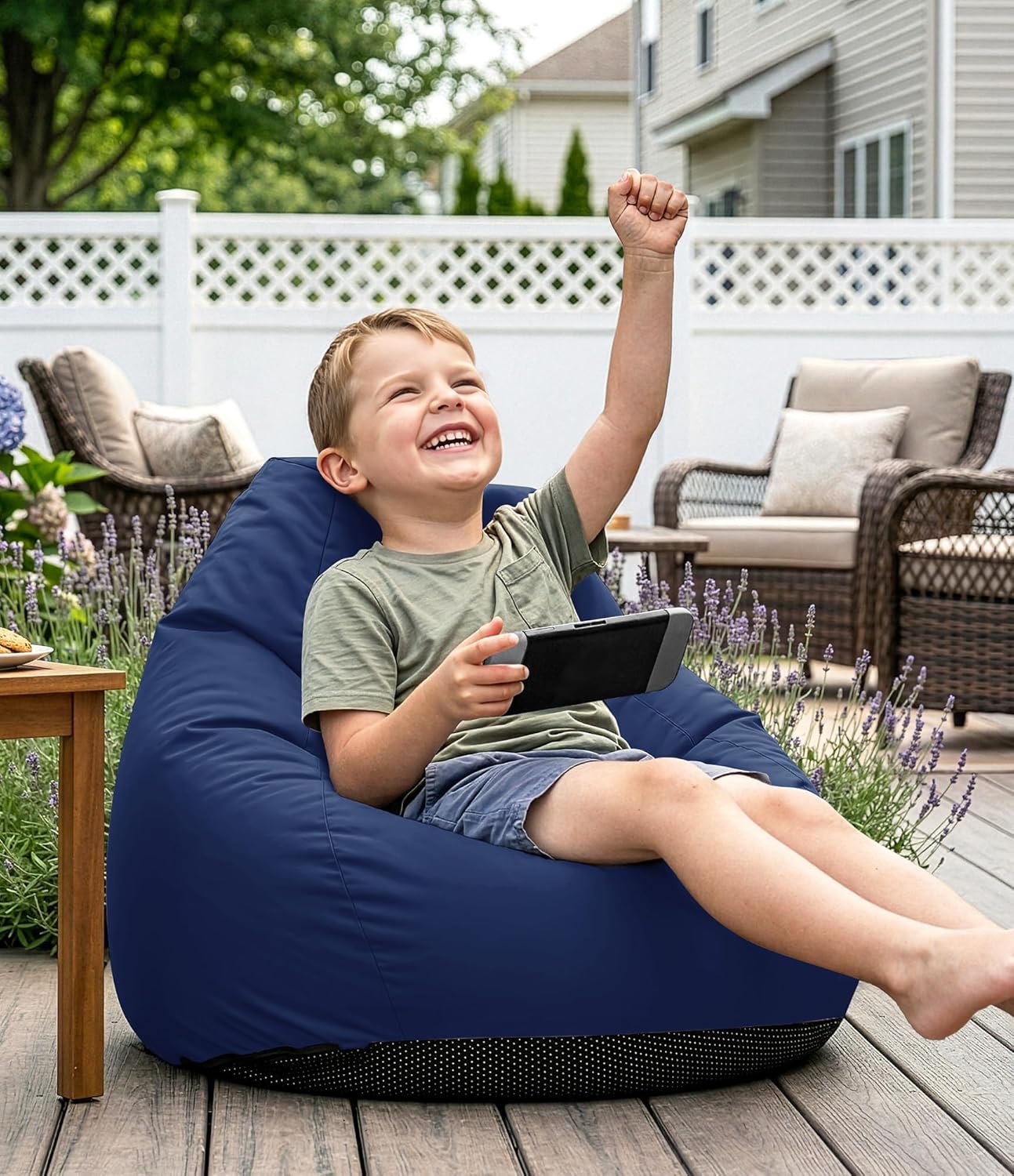 Outdoor Kids Bean Bag Chair - Small Beanbag Sofa with Shredded Foam Filling, Splash-Proof Detachable Zipper Cover with a Handle for Patio Poolside Relaxing, Navy