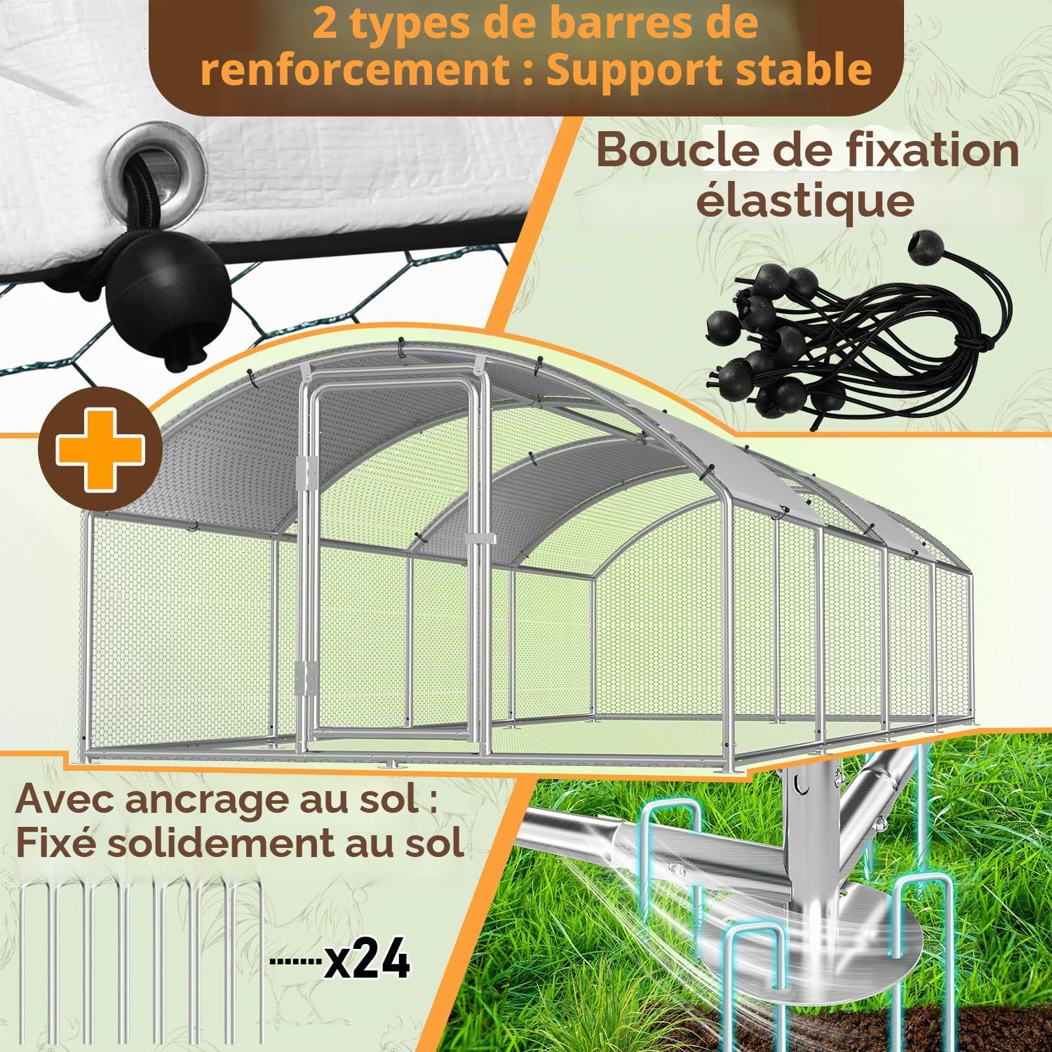 Poulailler - 3 x 8 x 2 m - Dôme - Toit - Enclos pour poulailler - Avec serrure en acier galvanisé et tissu imperméable couleur PE - Facile à nettoyer