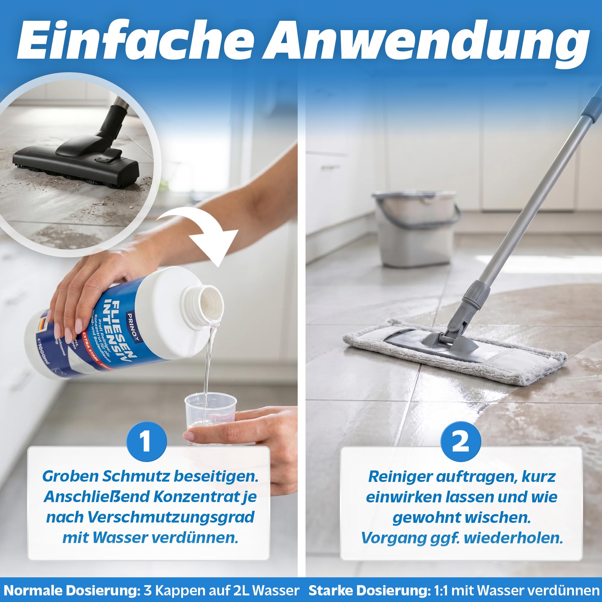 PRINOX 4x 1000ml Fliesenreiniger & Fugenreiniger Konzentrat EXTRA STARK - Reiniger zum Entfernen von hartnäckigen Verschmutzungen, Kalk oder Seifenresten im Bad