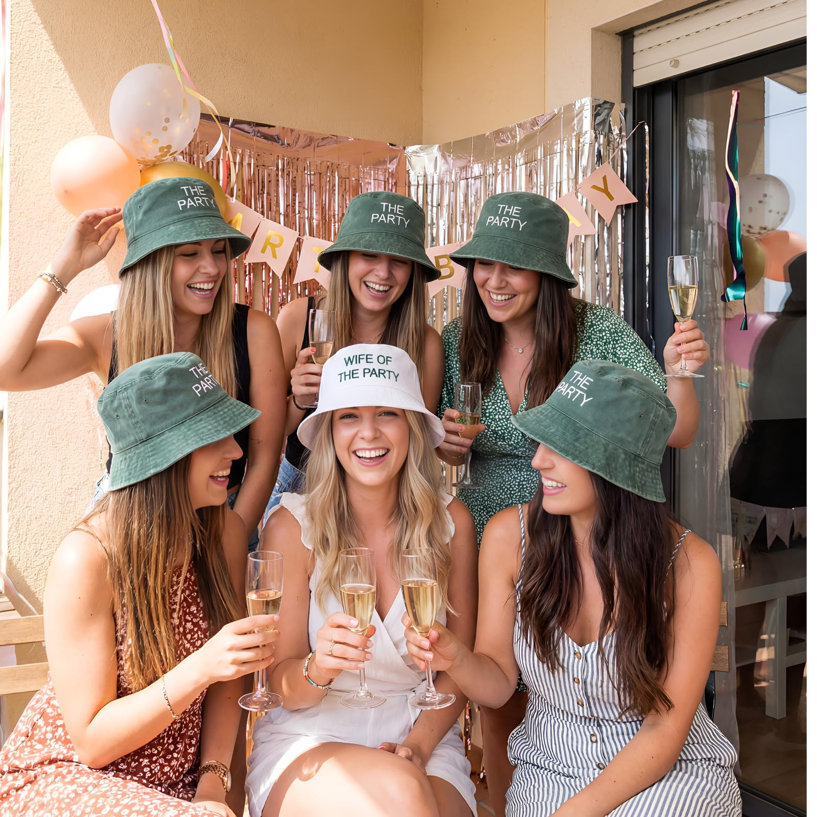 Mepase Fischerhut für Junggesellinnenabschiede mit 1 Partyhut und 5 Partyhut, für Brautjungfer, Braut, Hochzeit, Geschenk, Weiß, Grün, 6 Stück