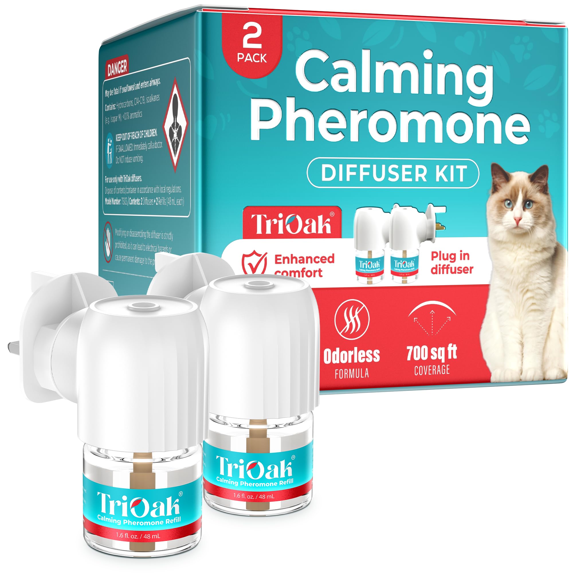 TriOak Cat Calming Plug-in: Cat Pheromone Diffuser - Cat Plug In Calmer - Advanced Pheromone Calming Aid for Cats – Relaxation & Comfort, 2 Pack (Teal)