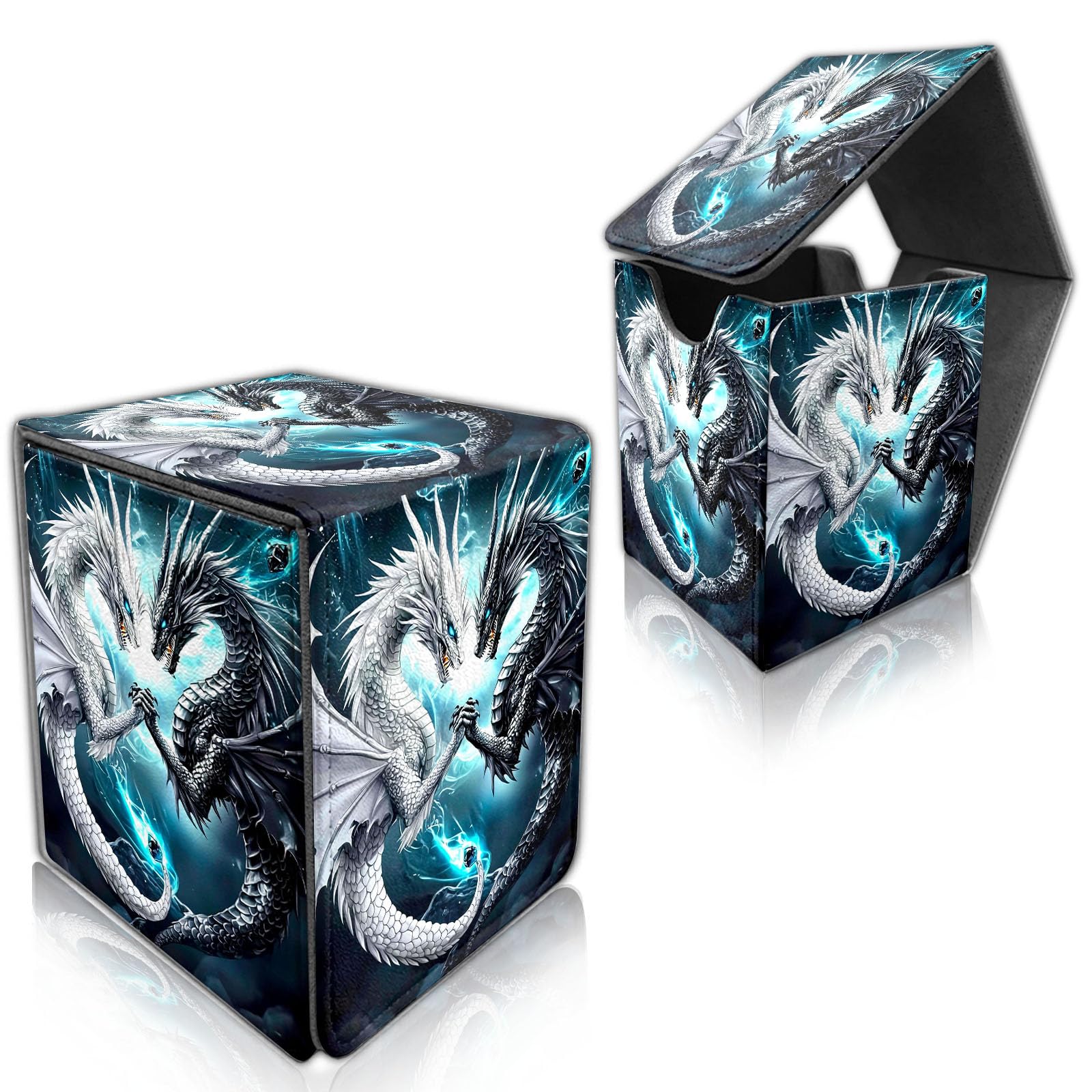 DISUOFEART for MTG Deck Box, Trading Card Storage Case Holds 100+ Sleeved Cards, White Dragon and Black Dragon Magnetic Closure Durable Deck Holder for Magic The Gathering, TCG & Commander